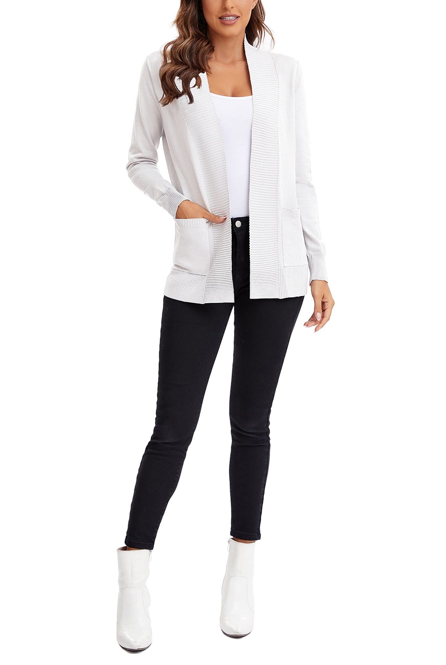 Urban CoCo Leichter Strickjacke für Damen mit offener Vorderseite, lange Ärmel, mit Tasche