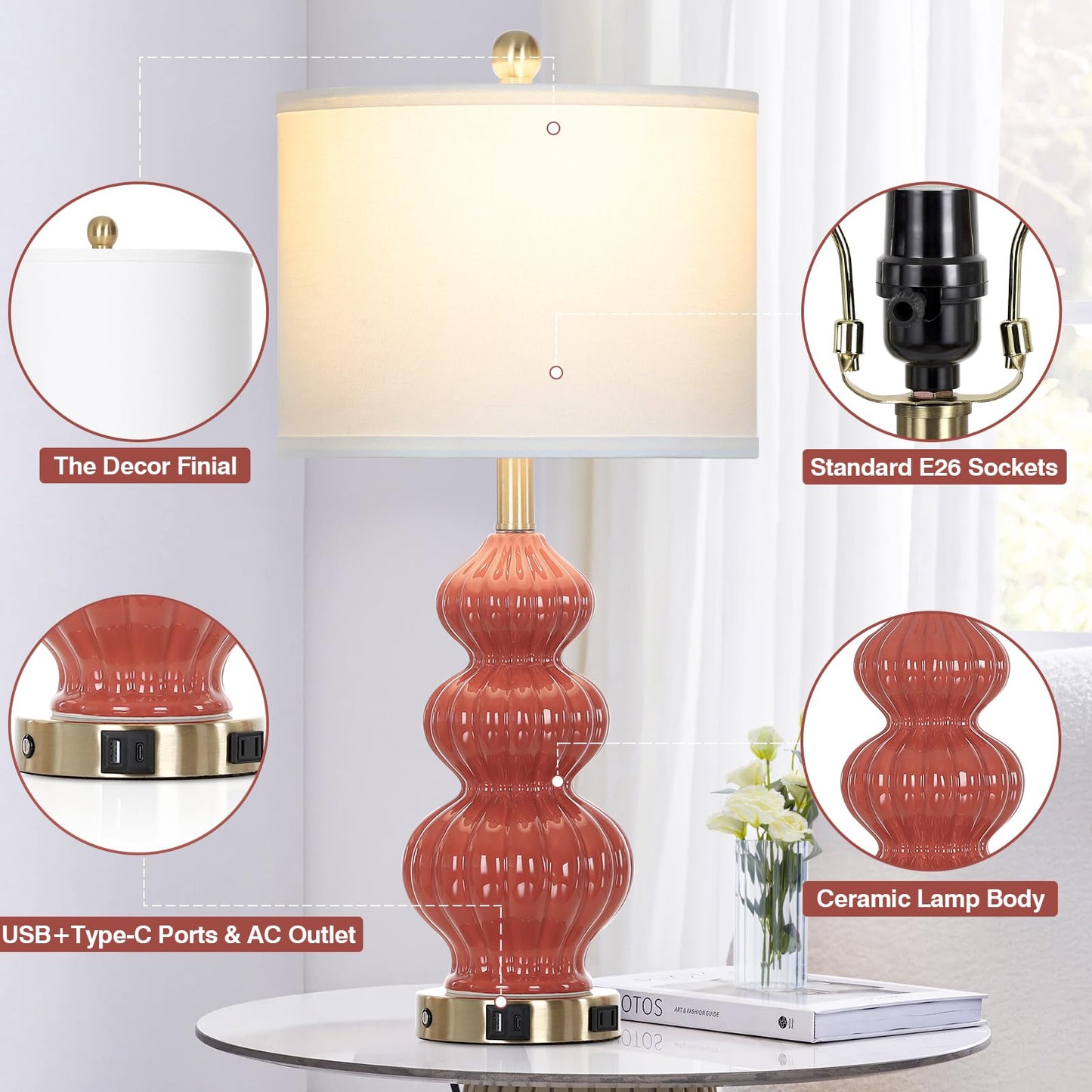 27-Zoll-Tischlampen aus Glas, 2er-Set mit Nachtlicht, moderne Nachttischlampen mit 3-Wege-Touch-Steuerung, USB-A+C-Anschlüssen und AC-Steckdose, gelbe Nachttischlampen im Boho-Stil für das Wohnzimmer im Schlafzimmer
