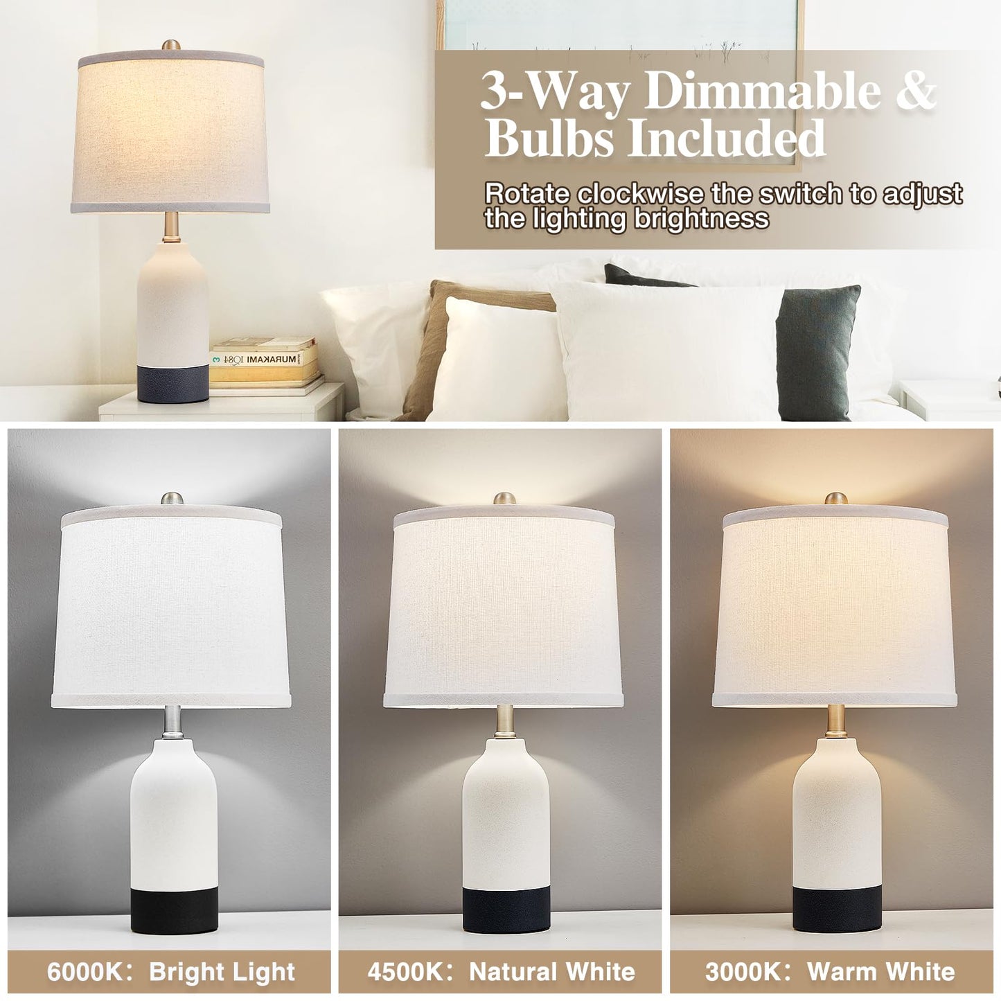 Luvkczc Moderne Keramiklampen für Schlafzimmer, 2er-Set, 3-Farbtemperatur-Tischlampe, Nachttischlampe, Schreibtisch-Leselampe mit Stoffschirm in Trommelform für Schlafzimmer, Wohnzimmer, 2 Glühbirnen enthalten (21,4 Zoll)
