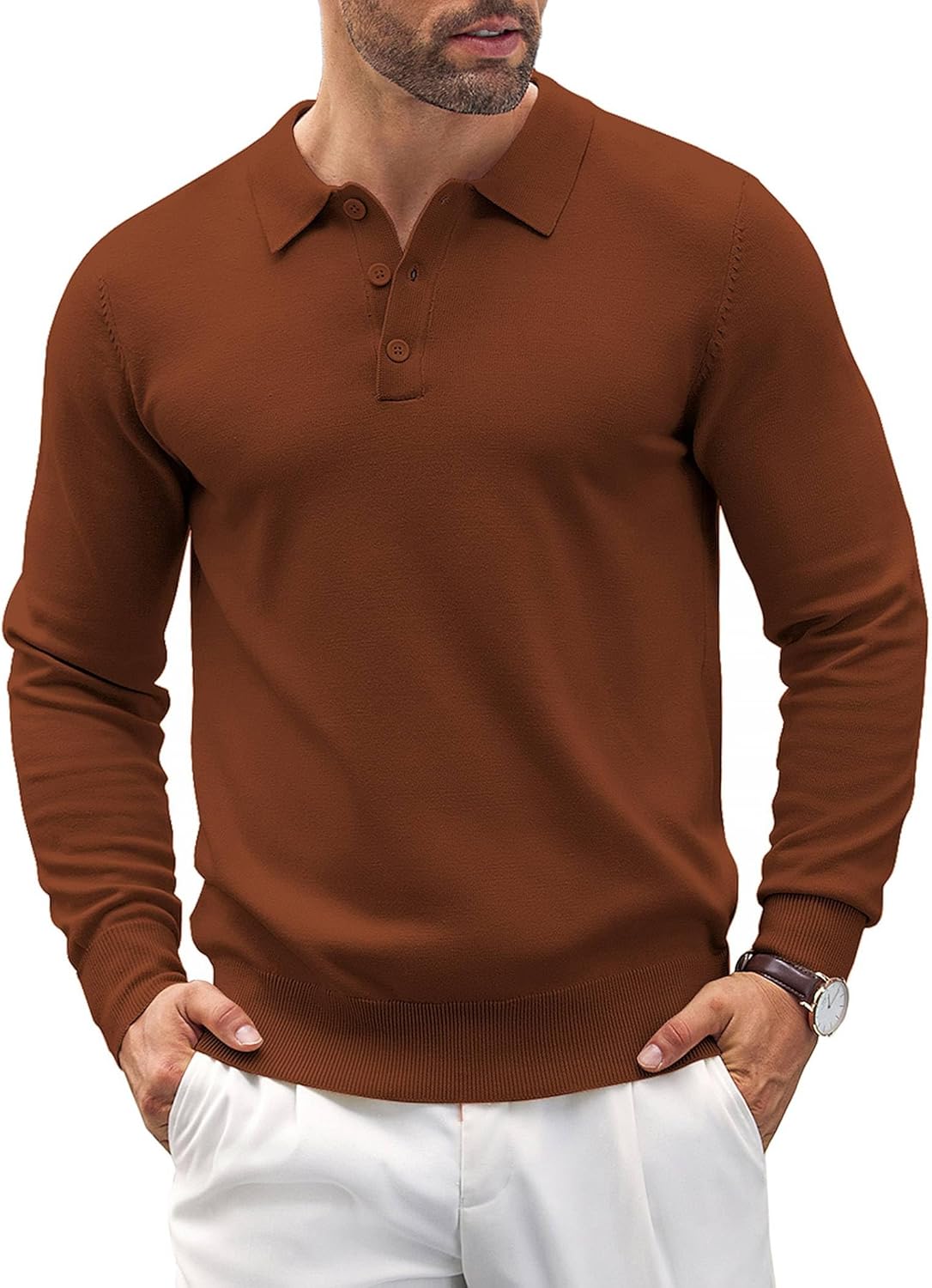 COOFANDY Mens Knit Polo Shirts Casual Long Sleeve Classic Polo Shirts Button Down Golf Shirts