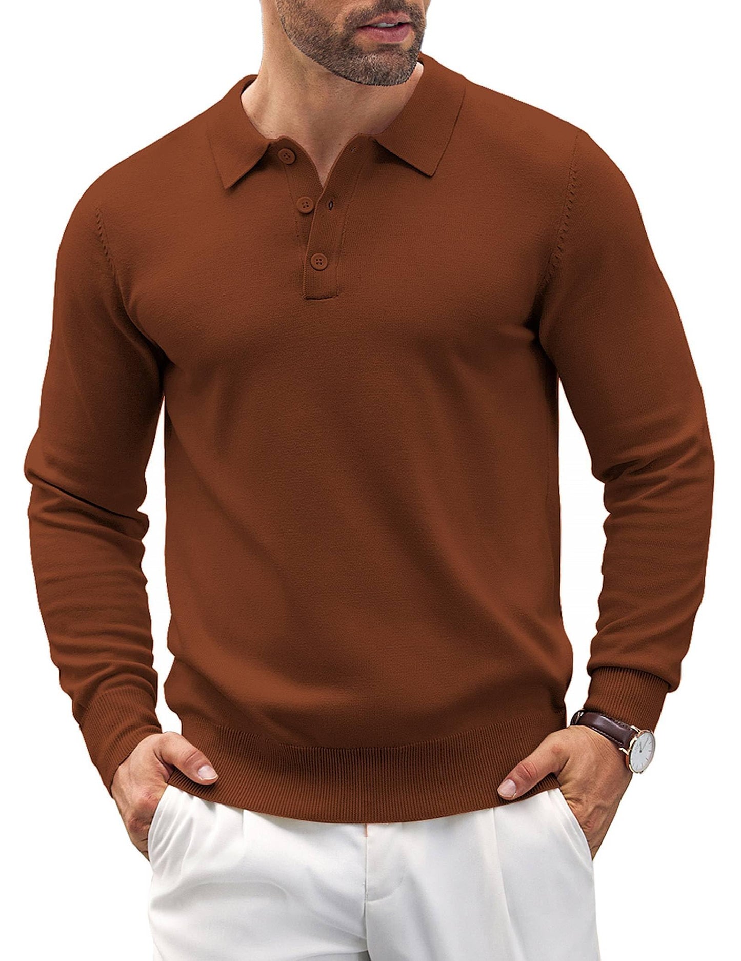 COOFANDY Mens Knit Polo Shirts Casual Long Sleeve Classic Polo Shirts Button Down Golf Shirts
