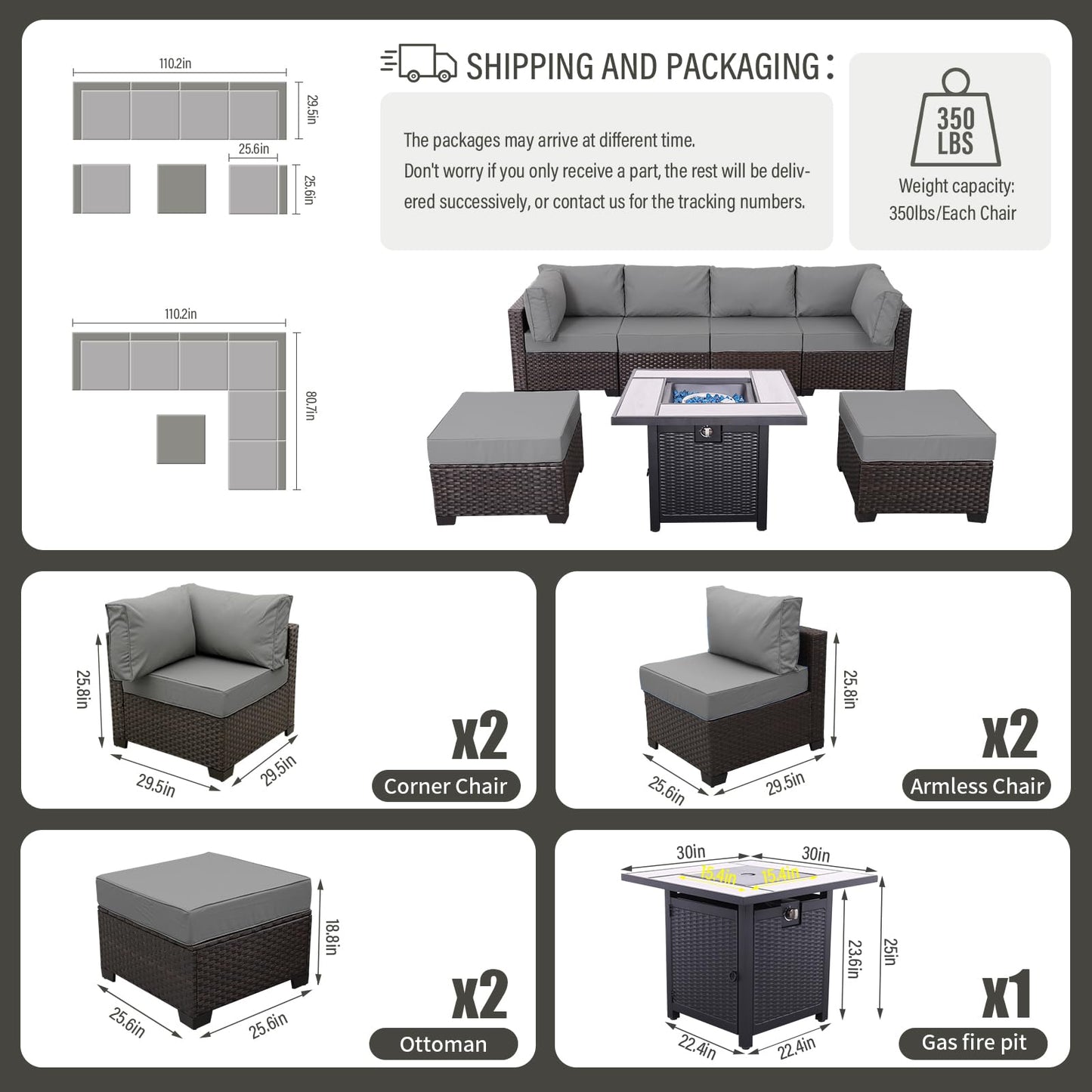 Outdoor Patio Dark Brown Rattan 7 Piece Sectional Set PE Wicker Conversation Sofa with Liftable Storage Table Non-Slip 5" Thick Royal Blue Cushion and Furniture Cover
