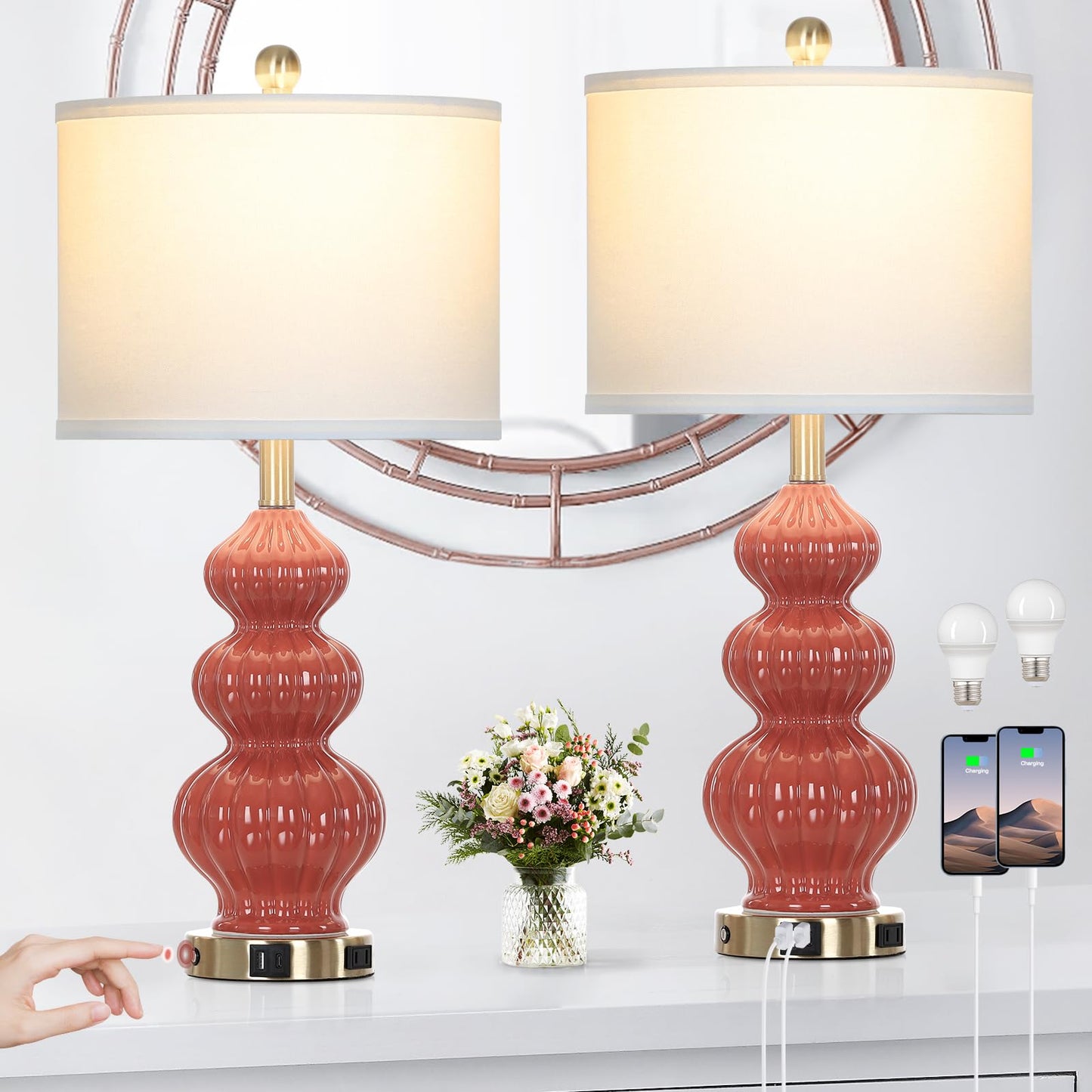 27-Zoll-Tischlampen aus Glas, 2er-Set mit Nachtlicht, moderne Nachttischlampen mit 3-Wege-Touch-Steuerung, USB-A+C-Anschlüssen und AC-Steckdose, gelbe Nachttischlampen im Boho-Stil für das Wohnzimmer im Schlafzimmer