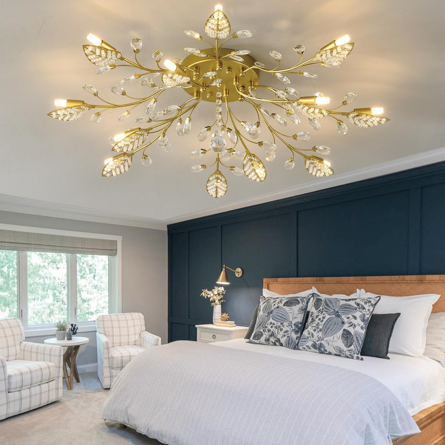 Moderne Deckenleuchte aus Kristall, halbbündiger Kronleuchter, Deckenleuchte aus Kristallblättern, Kronleuchter für Esszimmer, Wohnzimmer, Schlafzimmer (Gold, 12 Lichter)
