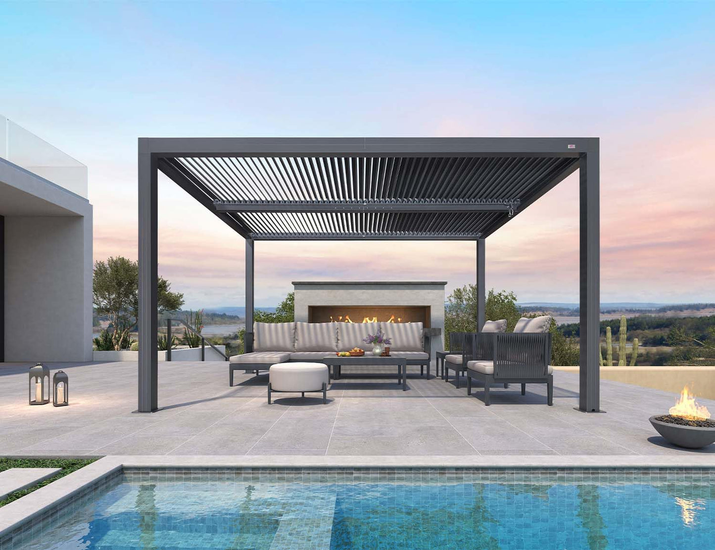 PURPLE LEAF Lamellenpergola 94AS, 3,3 x 4,3 m, Aluminium-Pergola für den Außenbereich mit Sonnenschutz, verstellbarem Dach für Terrasse, Hinterhof, grauer Pavillon mit festem Dach, 1 lange Seite und 2 kurze Seiten