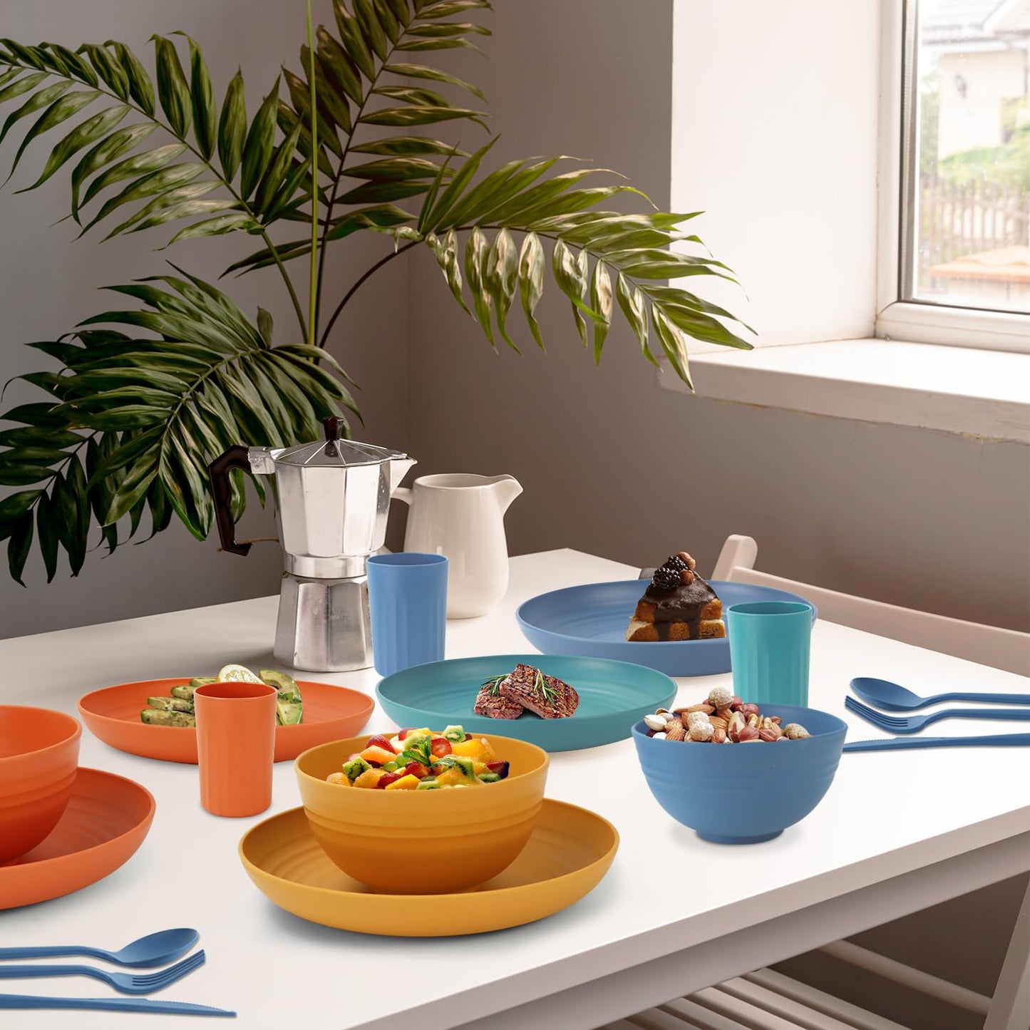 28 Piece Wheat Straw Dinnerware Sets,Dishwasher & Microwave Safe Plates and Bowls Sets - Unbreakable Plastic Dinnerware Sets for 4 Dinner Plates, Cups, Cereal Bowls - Colorful Series