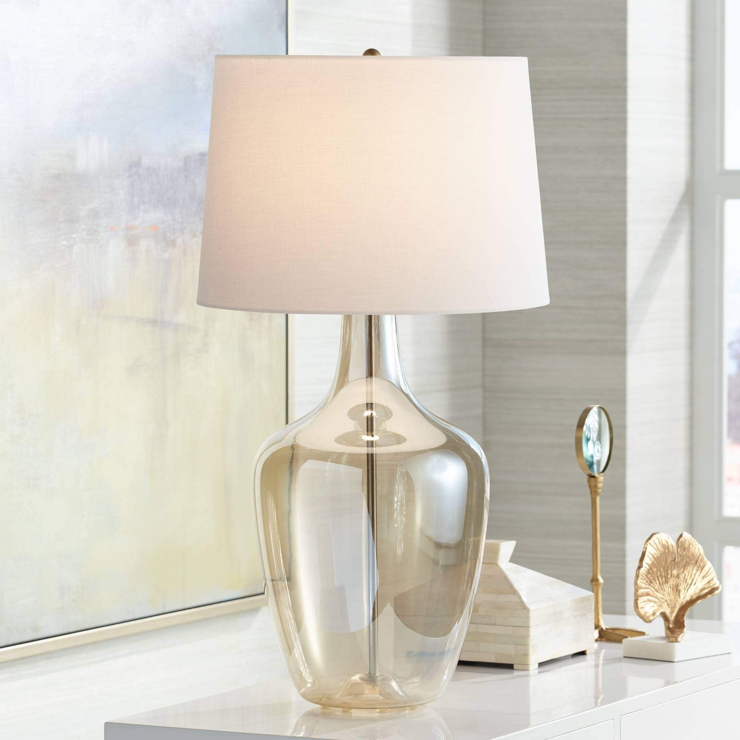 Possini Euro Design Ania 31" hohe Tischlampe im Glas, groß, modern, im Küsten-Stil, Landhausstil, klares Champagnerglas, einzelner cremefarbener Schirm, für Wohnzimmer, Schlafzimmer, Nachttisch, Haus, Büro, Zuhause