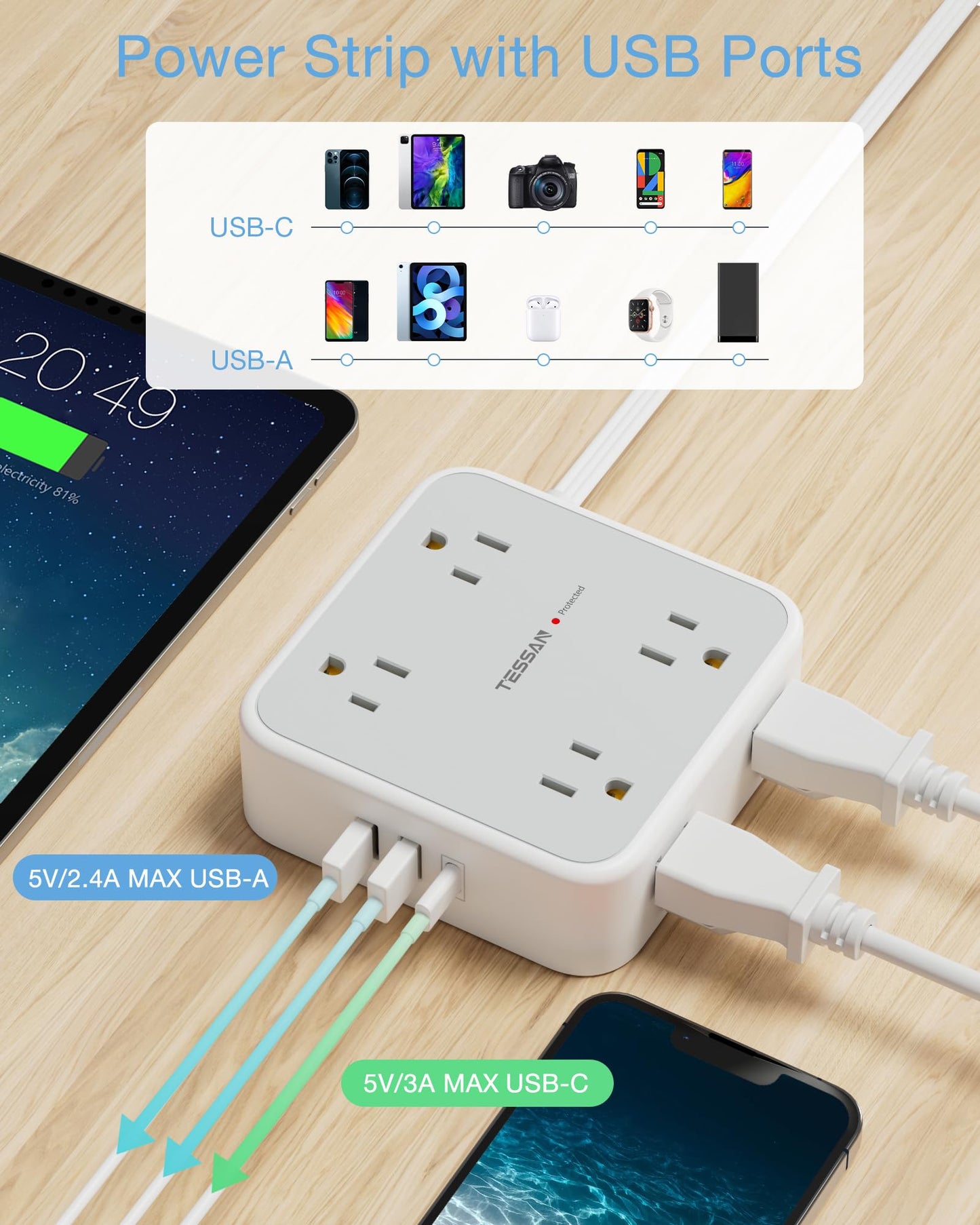 Surge Protector Flat Extension Cord Flat Plug Power Strip, 8 AC Outlets, 3 USB Charger(1 USB C Port) 3-Sided Outlet Extender, 5 Ft, 900 Joules Protection