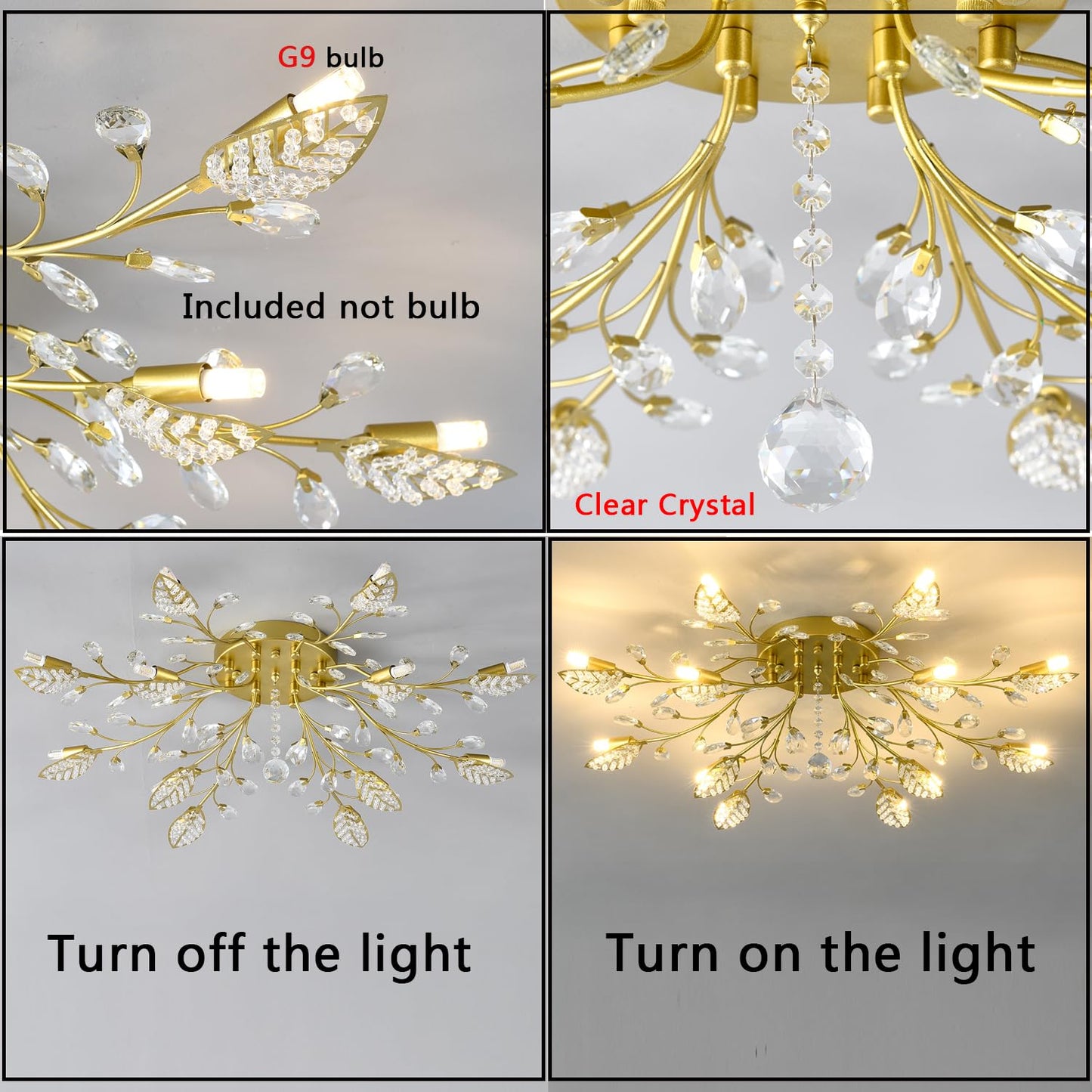 Moderne Deckenleuchte aus Kristall, halbbündiger Kronleuchter, Deckenleuchte aus Kristallblättern, Kronleuchter für Esszimmer, Wohnzimmer, Schlafzimmer (Gold, 12 Lichter)