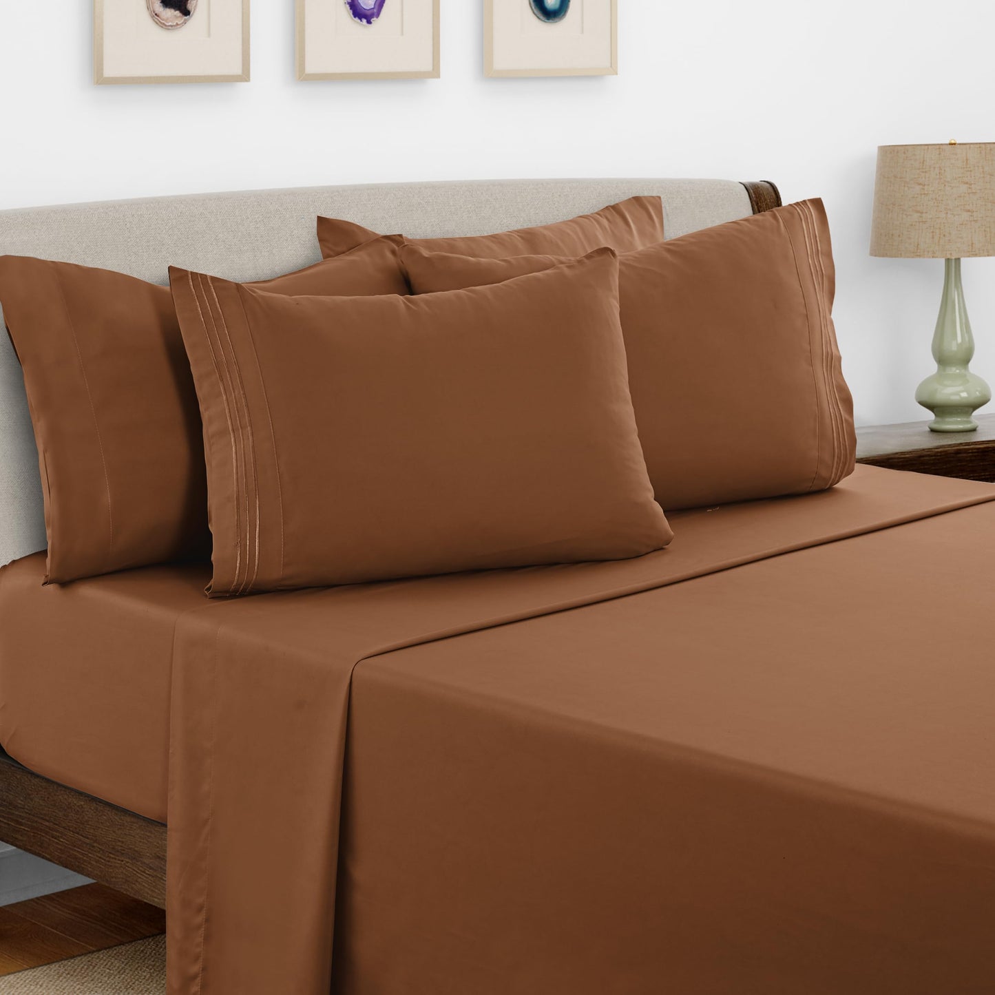LUX Decor Paisley King-Bettlaken-Set, 6-teilig, weiche, knitterfreie Mikrofaser-Bettlaken – luxuriös bedruckte Bettlaken, inklusive Bettlaken, Spannbettlaken mit tiefen Taschen und 4 Kissenbezügen – Taupe