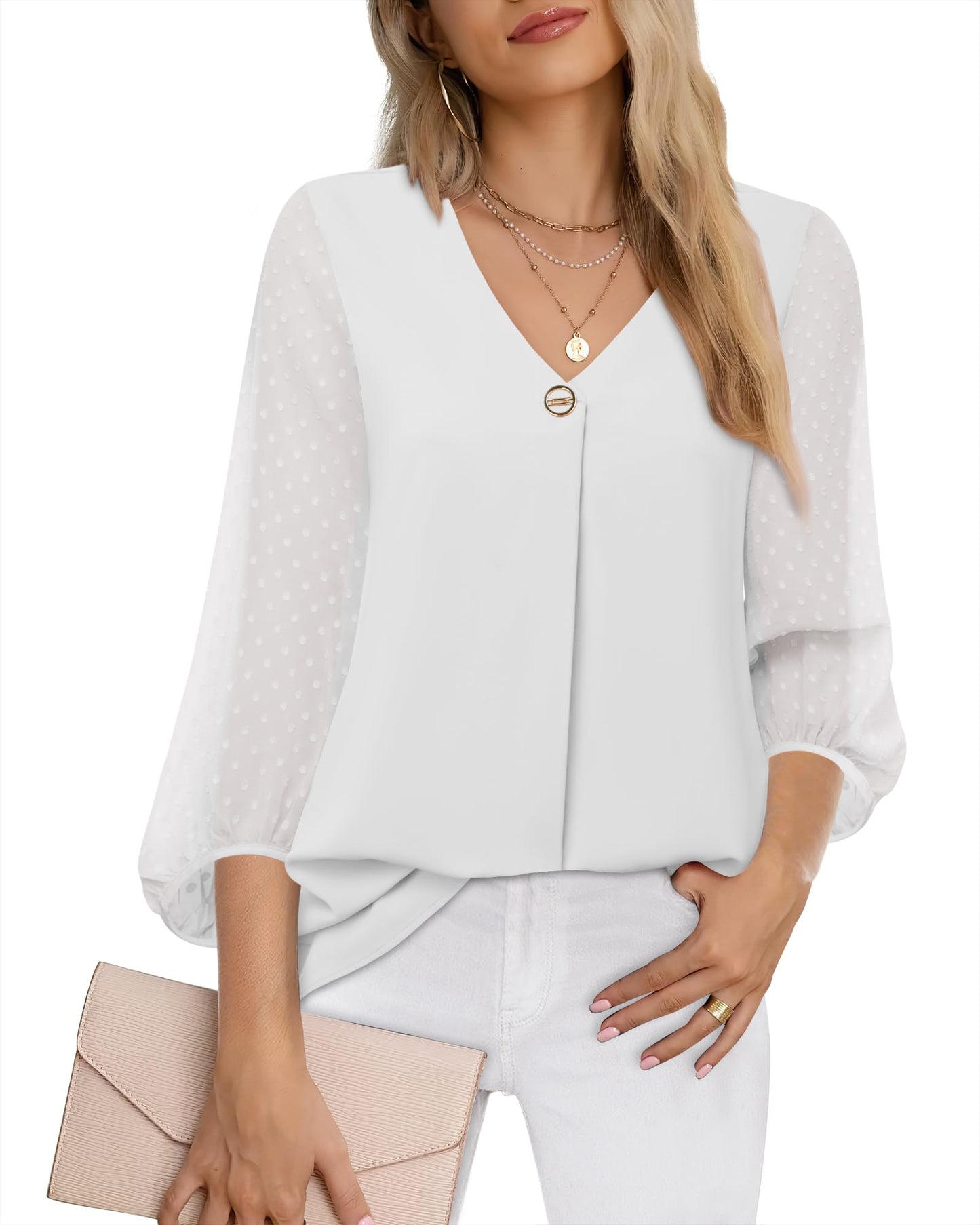 Bebonnie Damen Chiffonbluse mit Laternenmuster, 3/4-Ärmel, lässig, locker, V-Ausschnitt