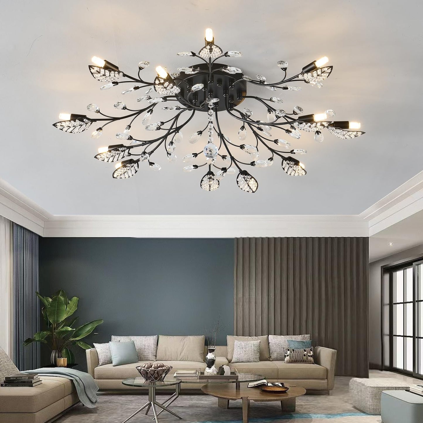 Moderne Deckenleuchte aus Kristall, halbbündiger Kronleuchter, Deckenleuchte aus Kristallblättern, Kronleuchter für Esszimmer, Wohnzimmer, Schlafzimmer (Gold, 12 Lichter)