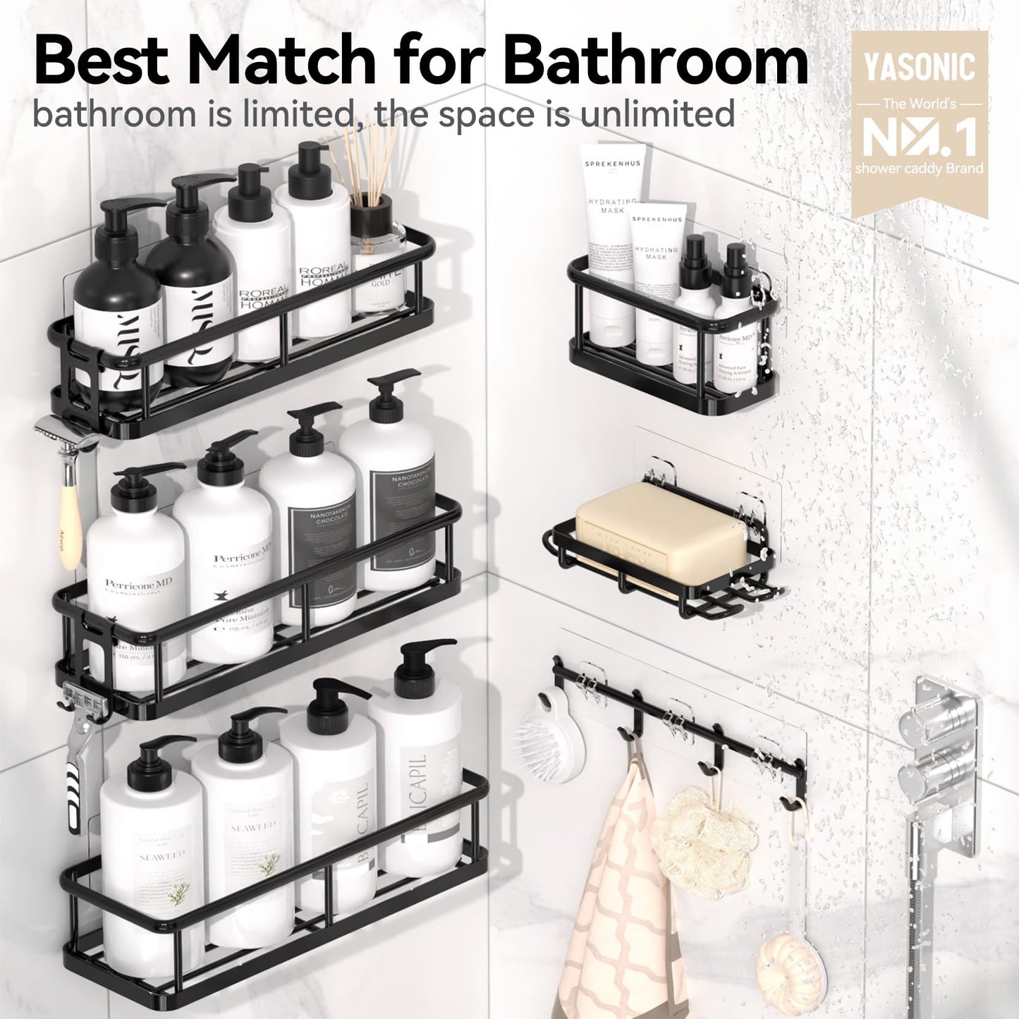 YASONIC Shower Caddy 6 Pack Rustproof shower Organizer, Large Capacity Shower Shelves for inside shower, Bathroom Organizers and Storage with Soap Holder and 12 Hooks, Adhesive Shower storage, Black