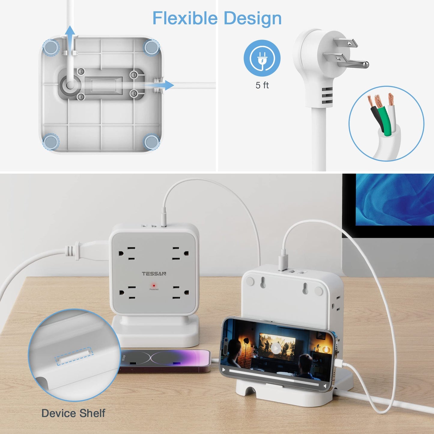 Surge Protector Flat Extension Cord Flat Plug Power Strip, 8 AC Outlets, 3 USB Charger(1 USB C Port) 3-Sided Outlet Extender, 5 Ft, 900 Joules Protection
