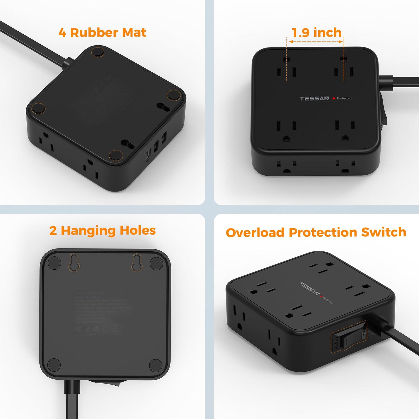 Surge Protector Flat Extension Cord Flat Plug Power Strip, 8 AC Outlets, 3 USB Charger(1 USB C Port) 3-Sided Outlet Extender, 5 Ft, 900 Joules Protection