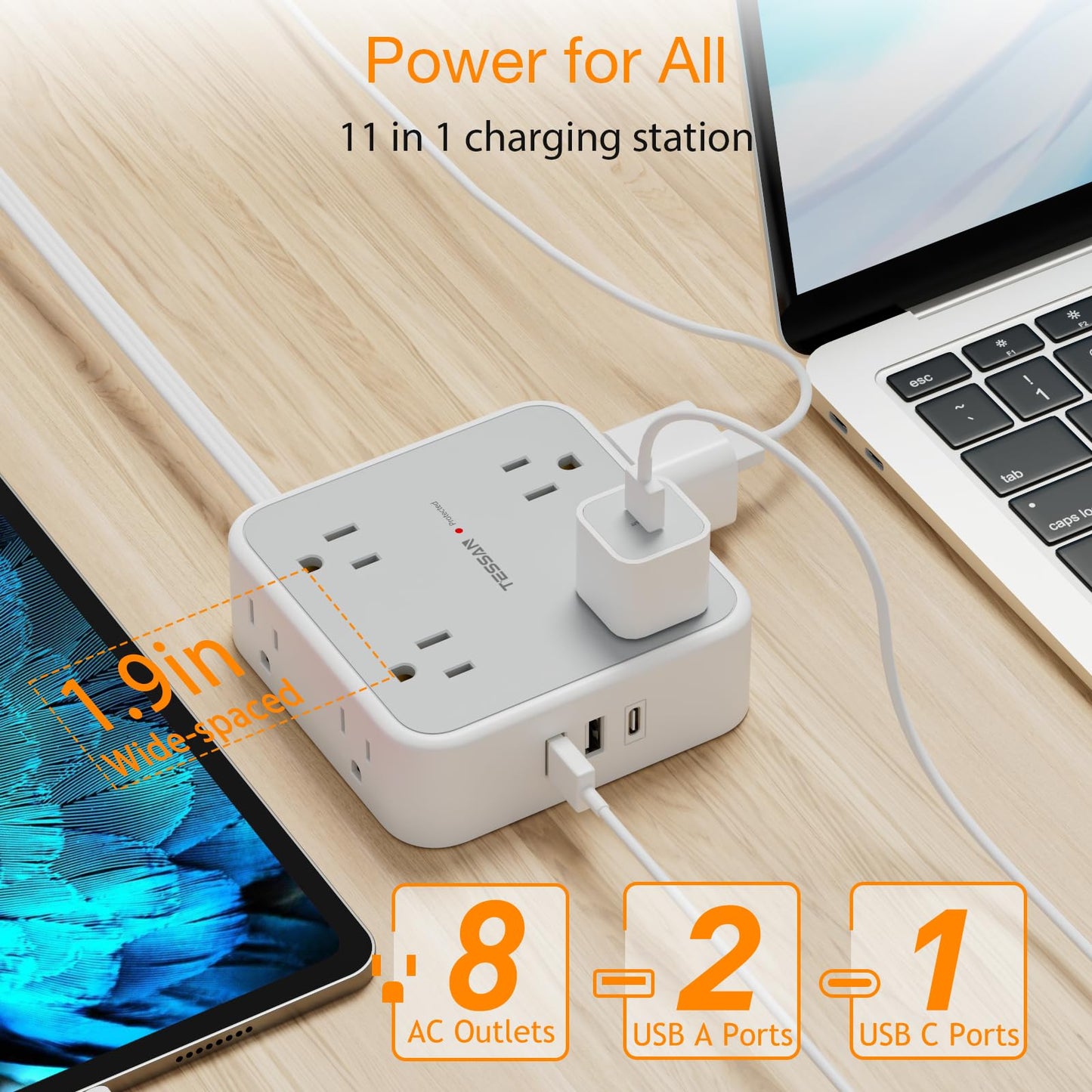 Surge Protector Flat Extension Cord Flat Plug Power Strip, 8 AC Outlets, 3 USB Charger(1 USB C Port) 3-Sided Outlet Extender, 5 Ft, 900 Joules Protection