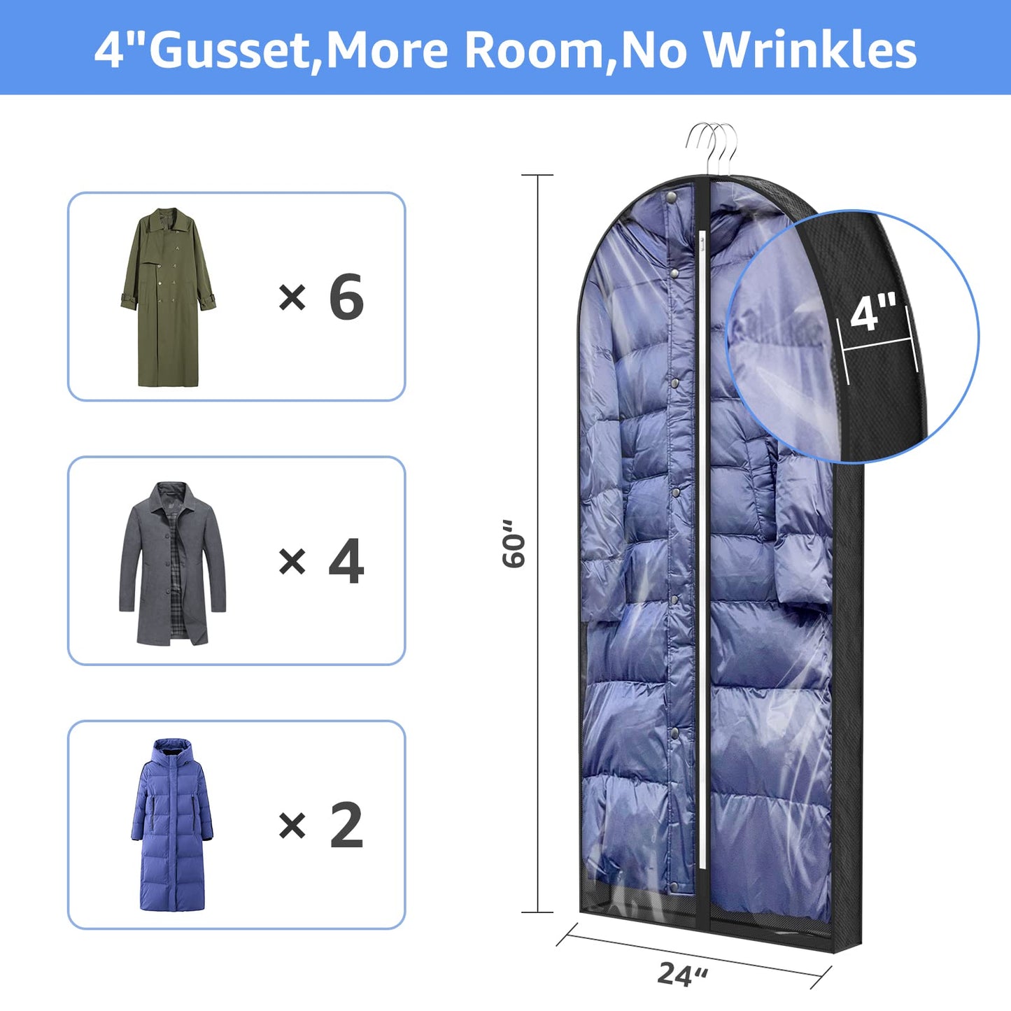 Sacs à vêtements transparents de 50 po pour suspendre des vêtements dans un placard avec soufflets de 4 po, sac de protection pour costumes pour robes, manteaux longs, vestes, pulls, chemises, 3 paquets, noir