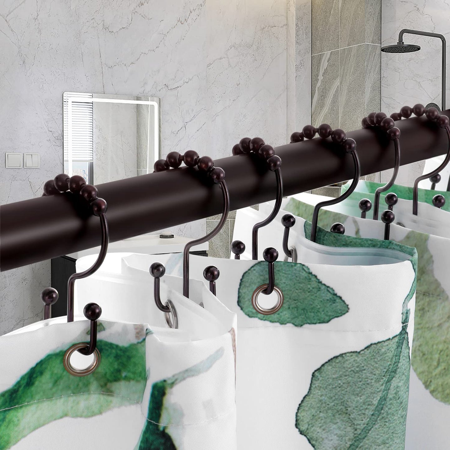 Shower Curtain Hooks Rings, TENOVEL Double Sided Shower Hooks Rust Proof for Bathroom Shower Rods Curtain, Durable Stainless Steel Bathroom Shower Curtain Hangers, Bronze, Set of 12