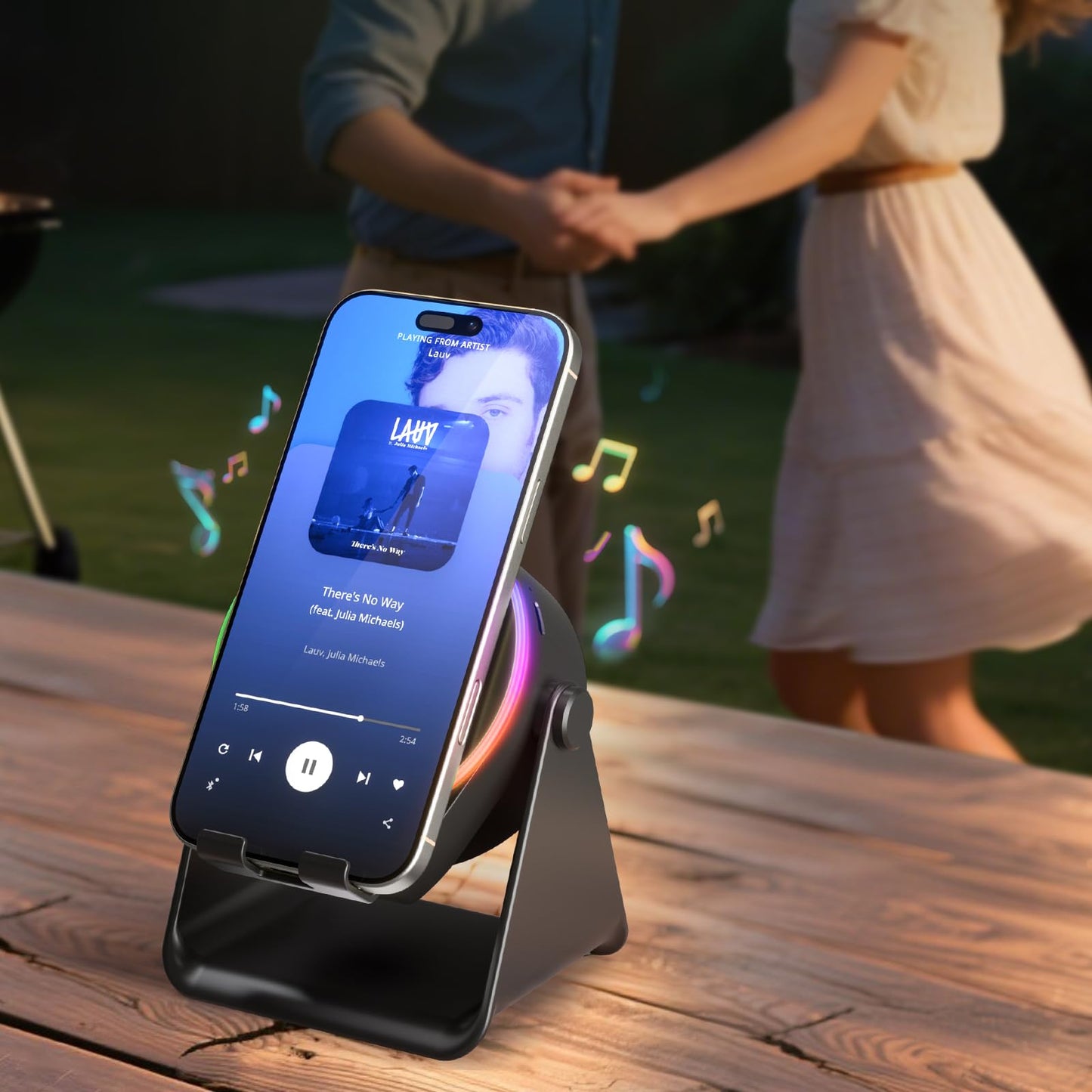 Dohelly Wireless Induction Speaker with Phone Stand & RGB Light, No Bluetooth Needed, Compatible with iPhone, Android, Tablets – Black