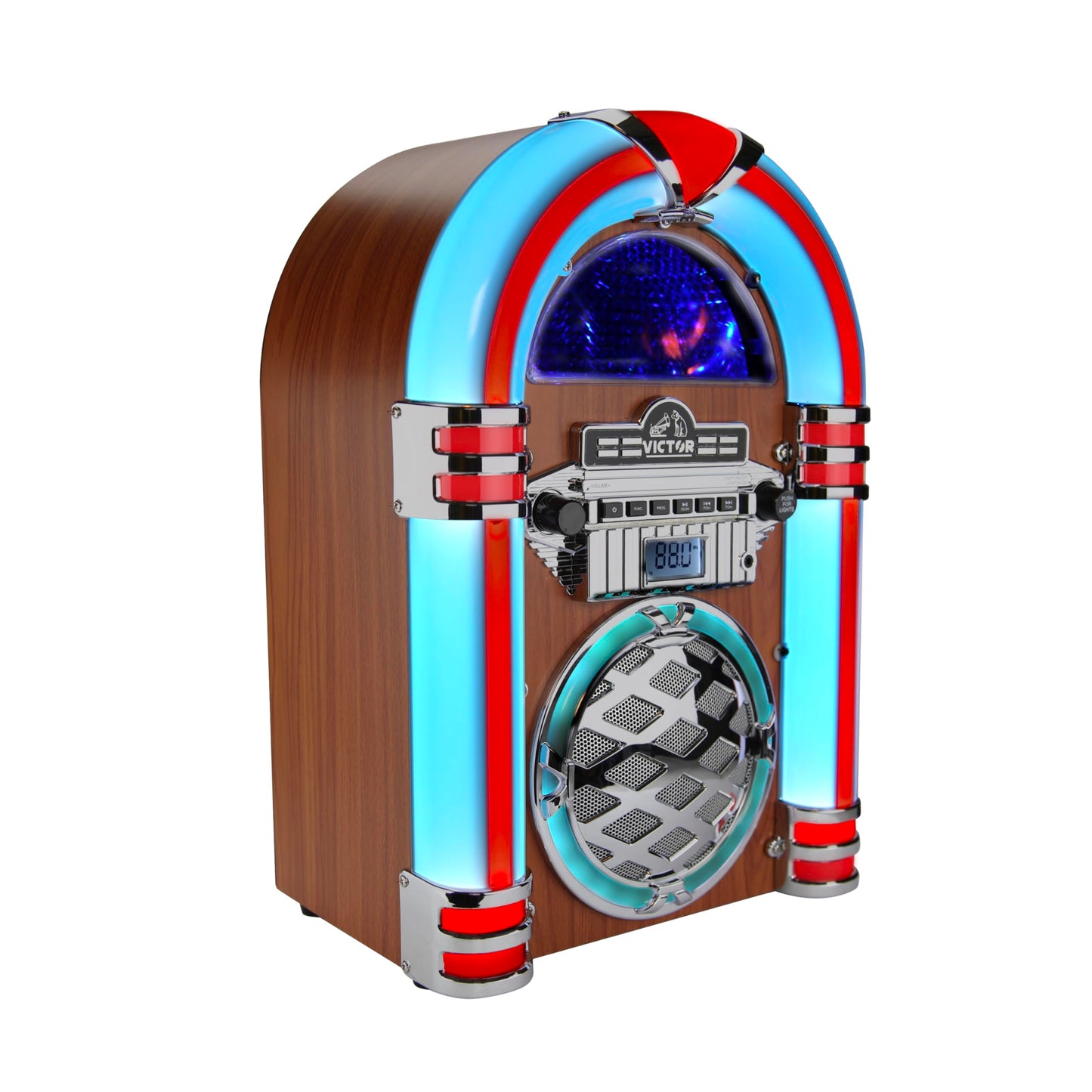 VICTOR Wilshire Desktop Bluetooth Jukebox mit FM-Radio, integriertem Stereolautsprecher und mehrfarbiger LED-Beleuchtung, Schwarz (VDTJ-1450-BK)
