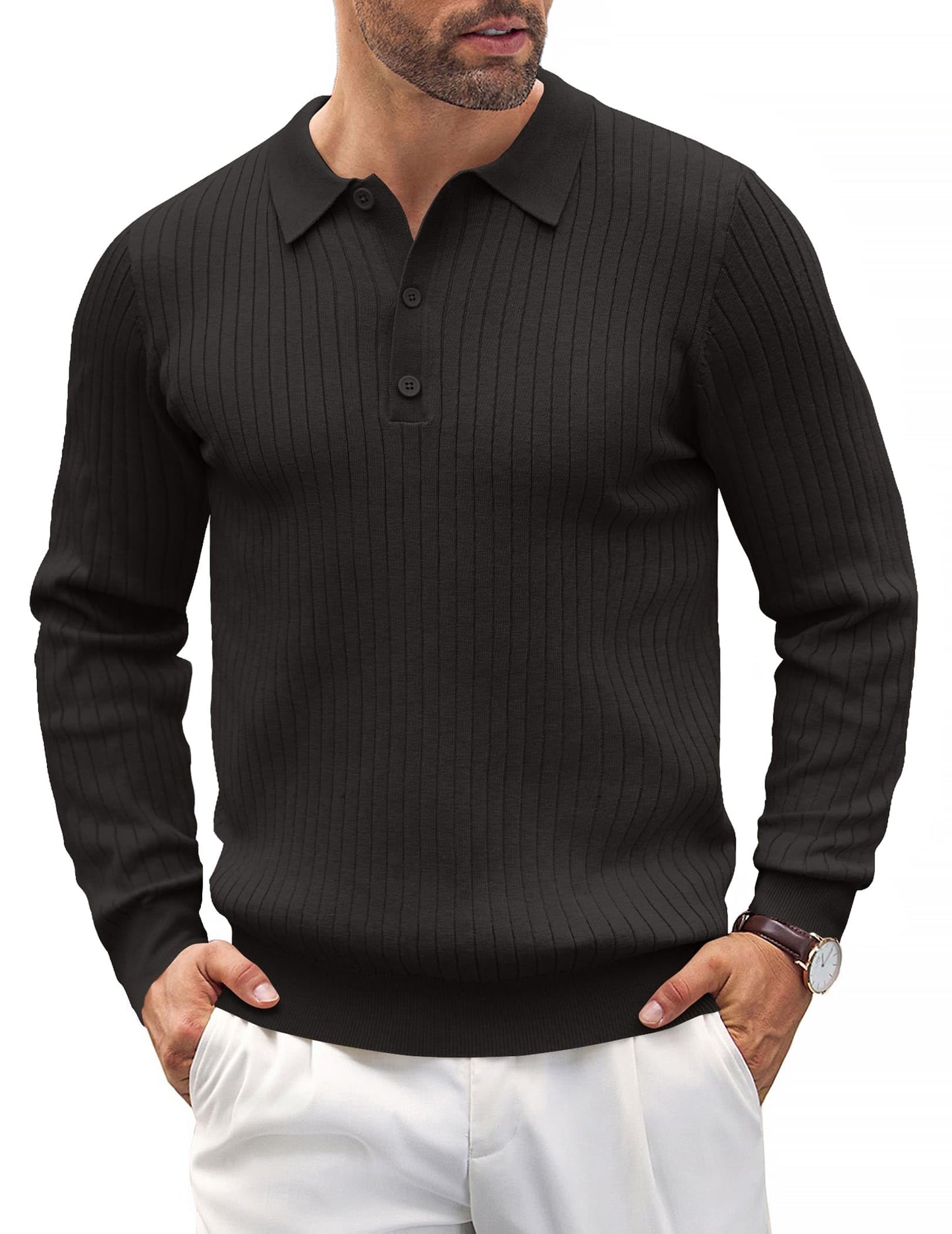 COOFANDY Mens Knit Polo Shirts Casual Long Sleeve Classic Polo Shirts Button Down Golf Shirts