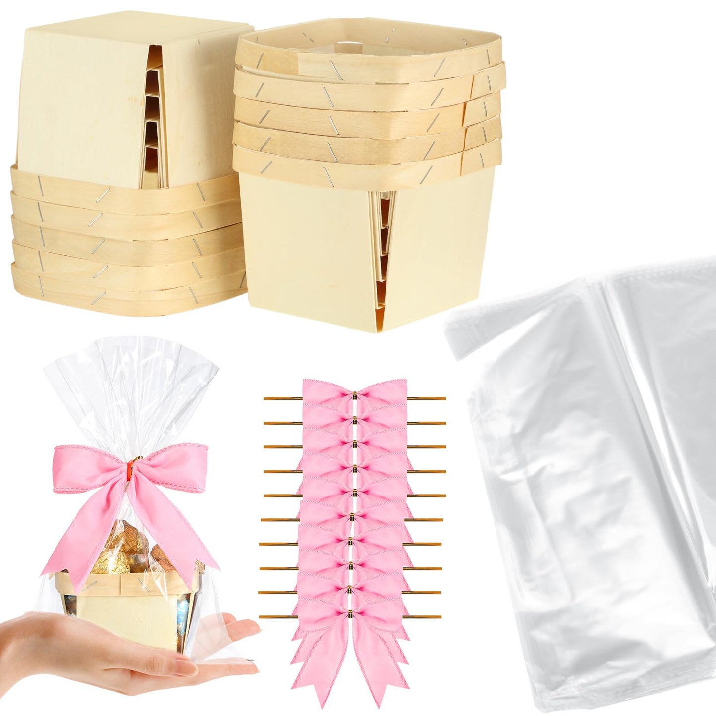 Yerliker 10 Set Wooden Mini Baskets for Gifts Empty 4 Inches Small Baskets Berry Basket Bows Clear Treat Bags Set for DIY Picking Wedding Birthday Easter(White,Satin)