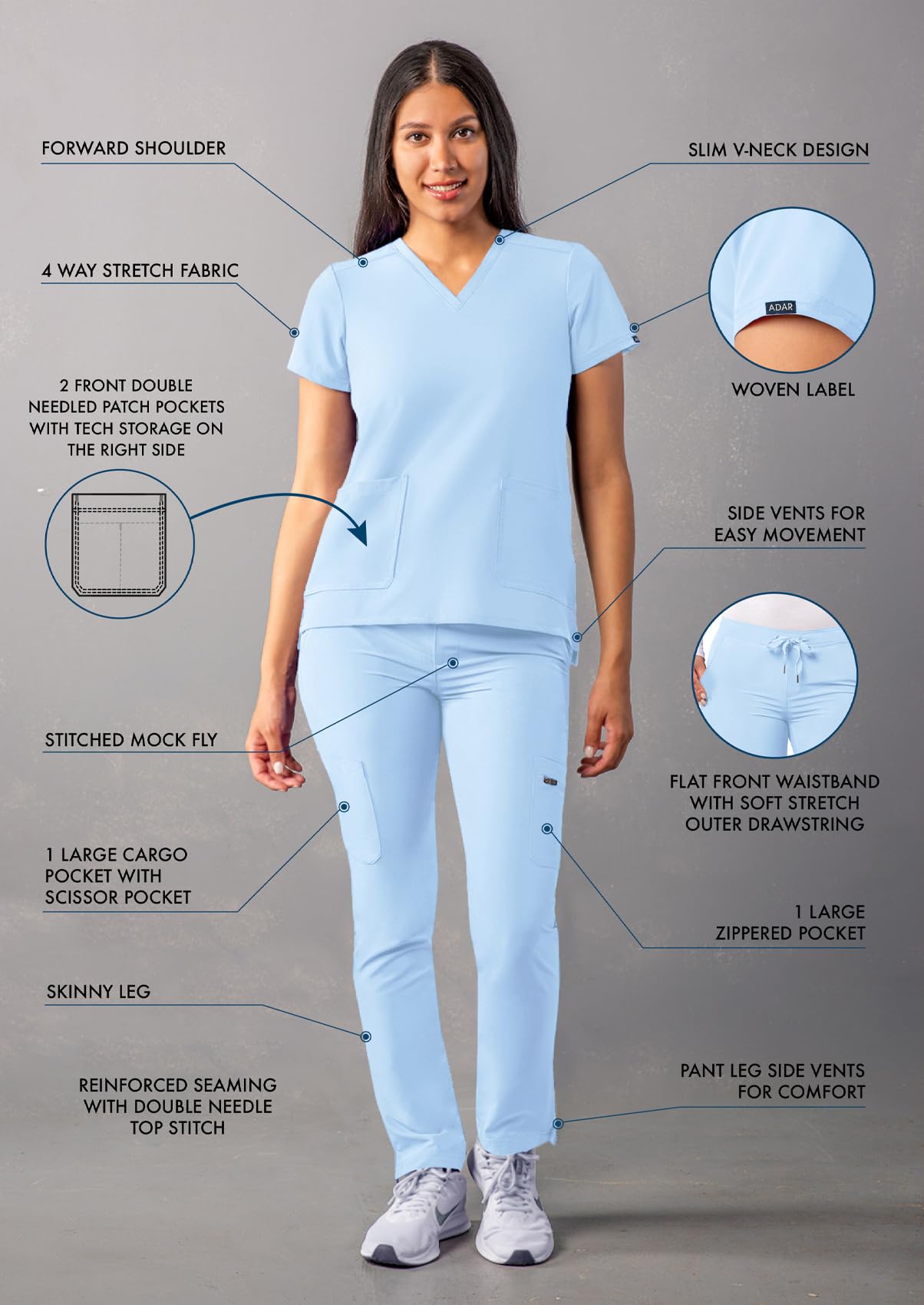 Ensemble de gommage Adar Addition Go-Basic pour femme - Haut de gommage slim à col en V et pantalon de gommage cargo skinny