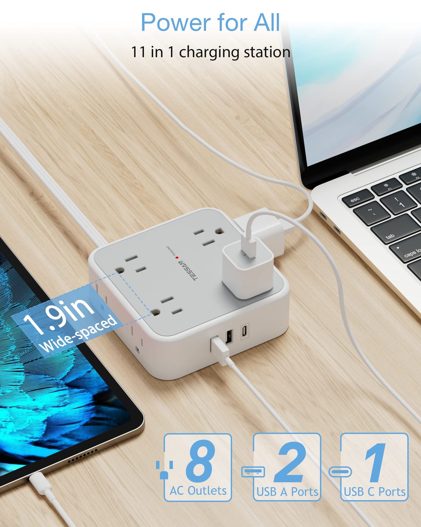 Surge Protector Flat Extension Cord Flat Plug Power Strip, 8 AC Outlets, 3 USB Charger(1 USB C Port) 3-Sided Outlet Extender, 5 Ft, 900 Joules Protection