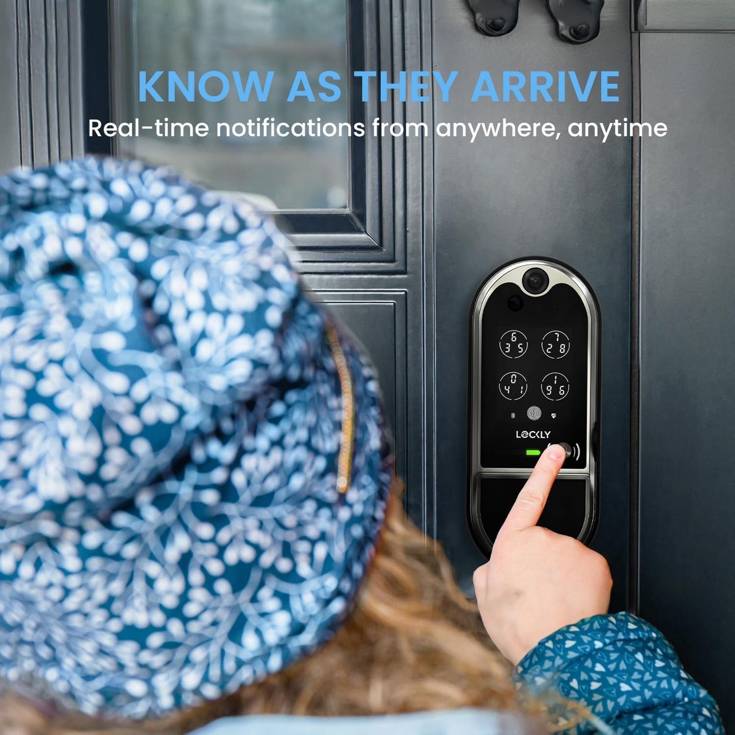 Lockly Vision Elite - Serrure intelligente vidéo WiFi avec caméra de vision nocturne, capteur de mouvement, empreinte digitale biométrique, commande vocale, télécommande par application, sonnette, panneau solaire, clavier numérique, nickel satiné