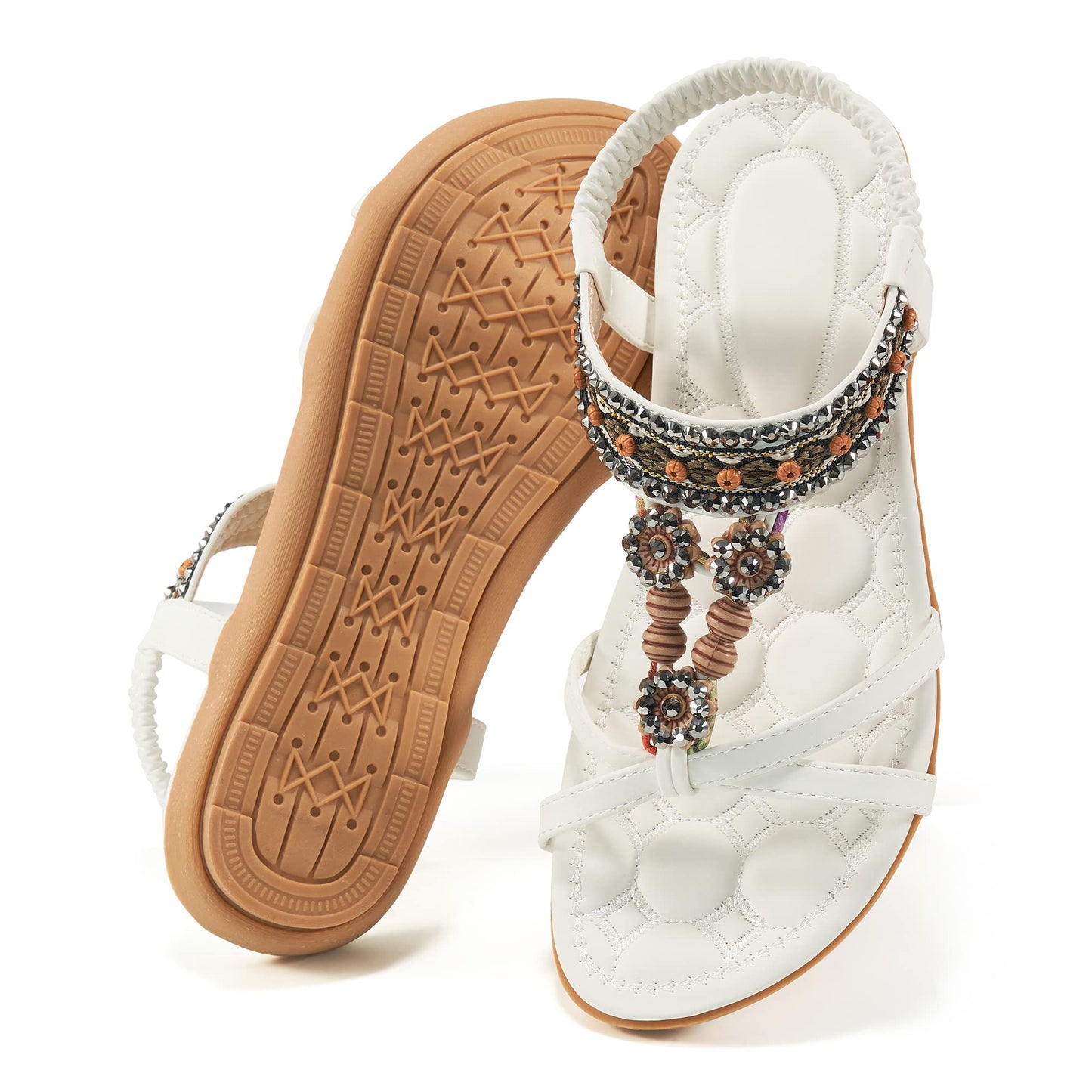 Elegante Damensandalen für den Sommer: Flache Schuhe, bequeme Bohemian-Sandalen mit elastischem Knöchelriemen, Strandsandalen für Damen