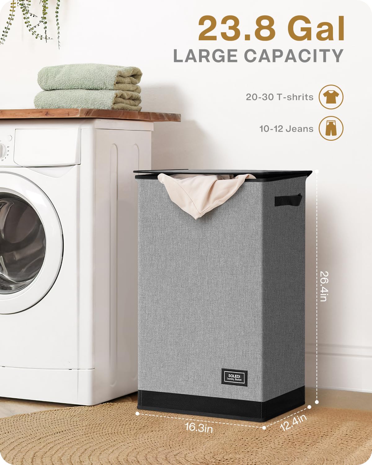 SOLEDI Laundry Hamper Black with Lid and Removable Bag - 100L Large and Tall Laundry Basket Collapsible with Handle for Clothing and Toys Storage - Dirty Clothes Hamper for Bedroom, bathroom, dorm