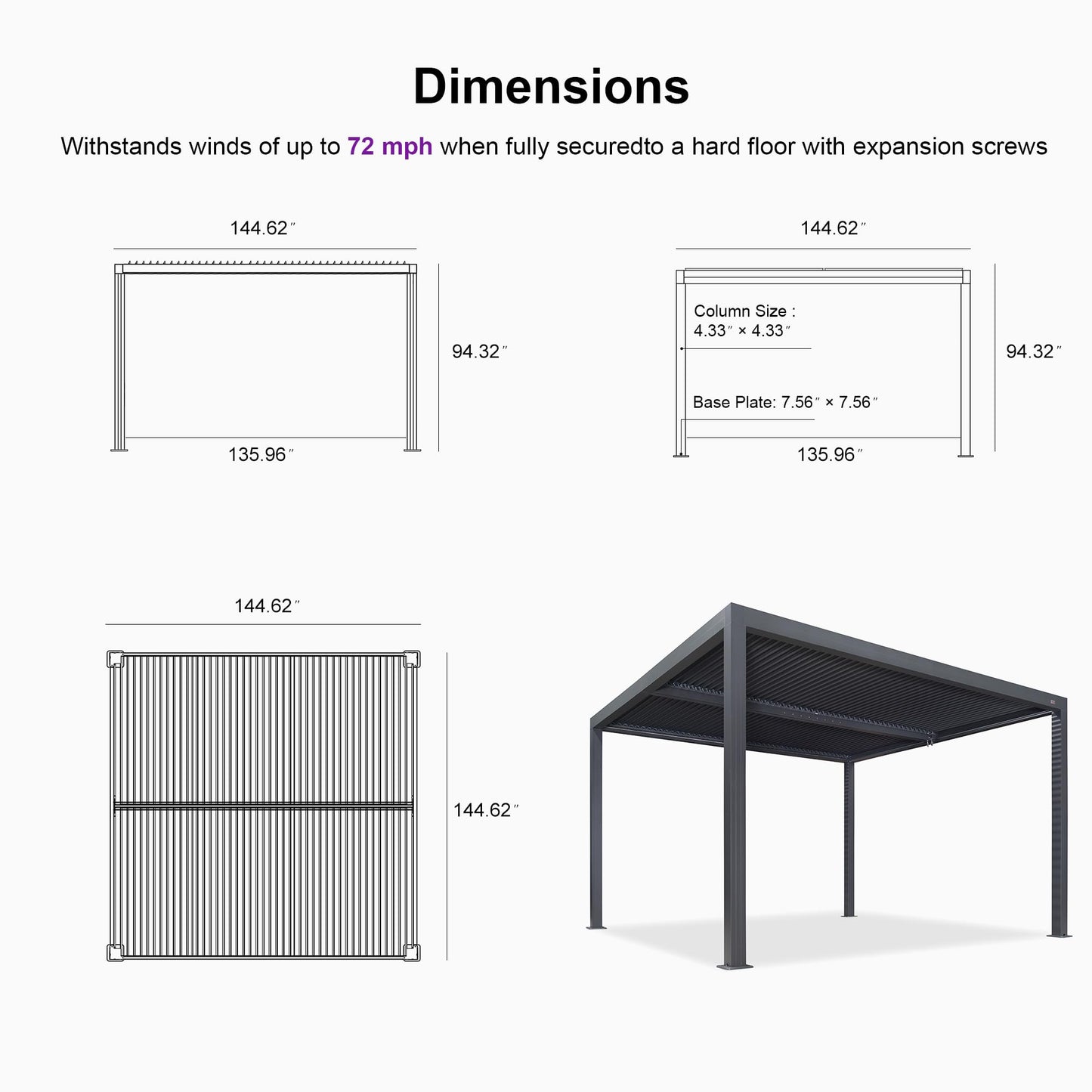 PURPLE LEAF Lamellenpergola 94AS, 3,3 x 4,3 m, Aluminium-Pergola für den Außenbereich mit Sonnenschutz, verstellbarem Dach für Terrasse, Hinterhof, grauer Pavillon mit festem Dach, 1 lange Seite und 2 kurze Seiten