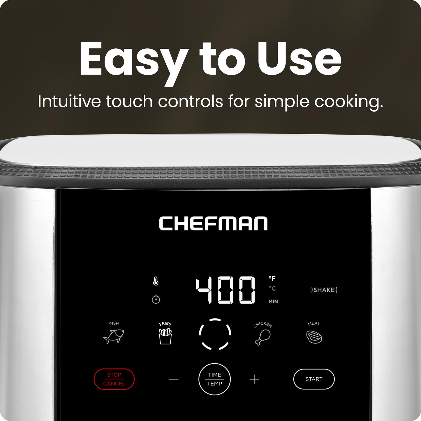 Chefman TurboFry® Touch Heißluftfritteuse, XL 8-Qt Familiengröße, digitale One-Touch-Voreinstellungen, Pommes Frites, Hähnchen, Fleisch, Fisch, antihaftbeschichtete, spülmaschinenfeste Teile, automatische Abschaltung, Edelstahl