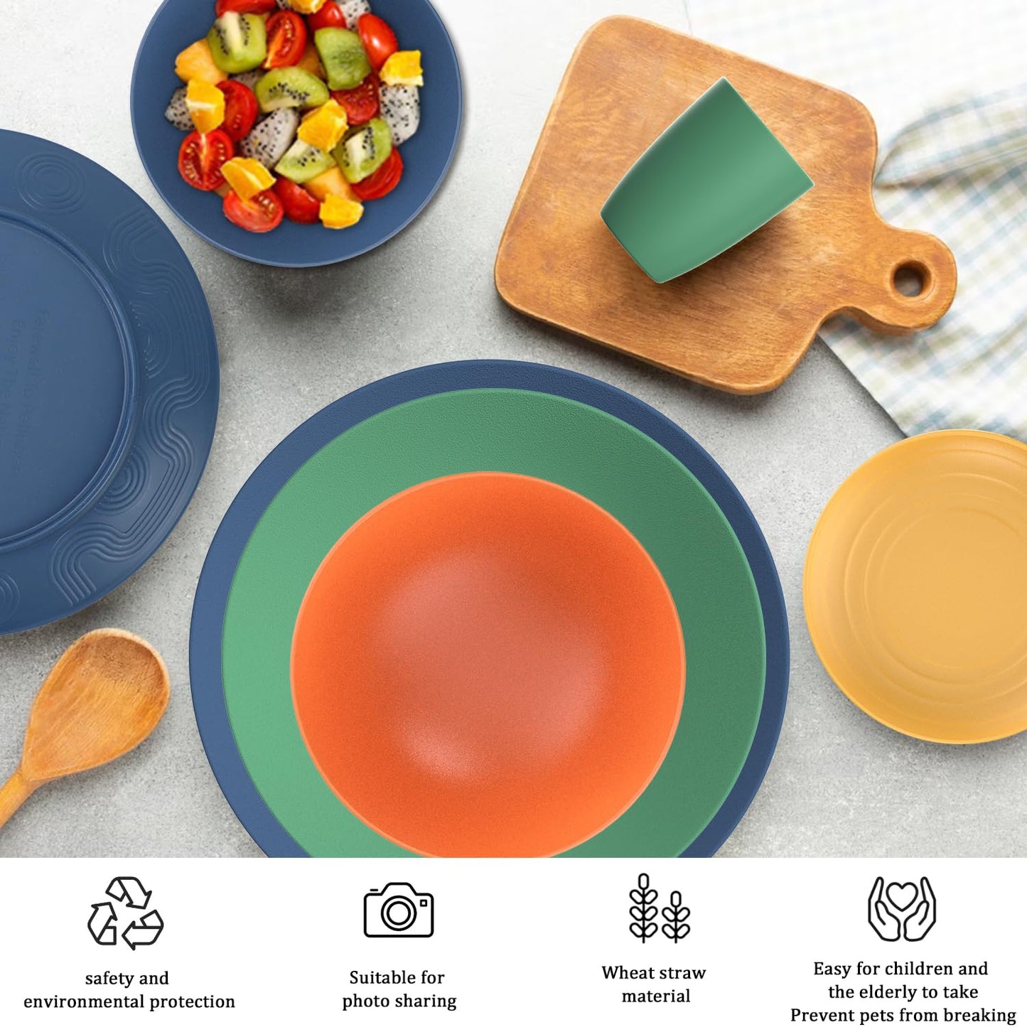 28 Piece Wheat Straw Dinnerware Sets,Dishwasher & Microwave Safe Plates and Bowls Sets - Unbreakable Plastic Dinnerware Sets for 4 Dinner Plates, Cups, Cereal Bowls - Colorful Series