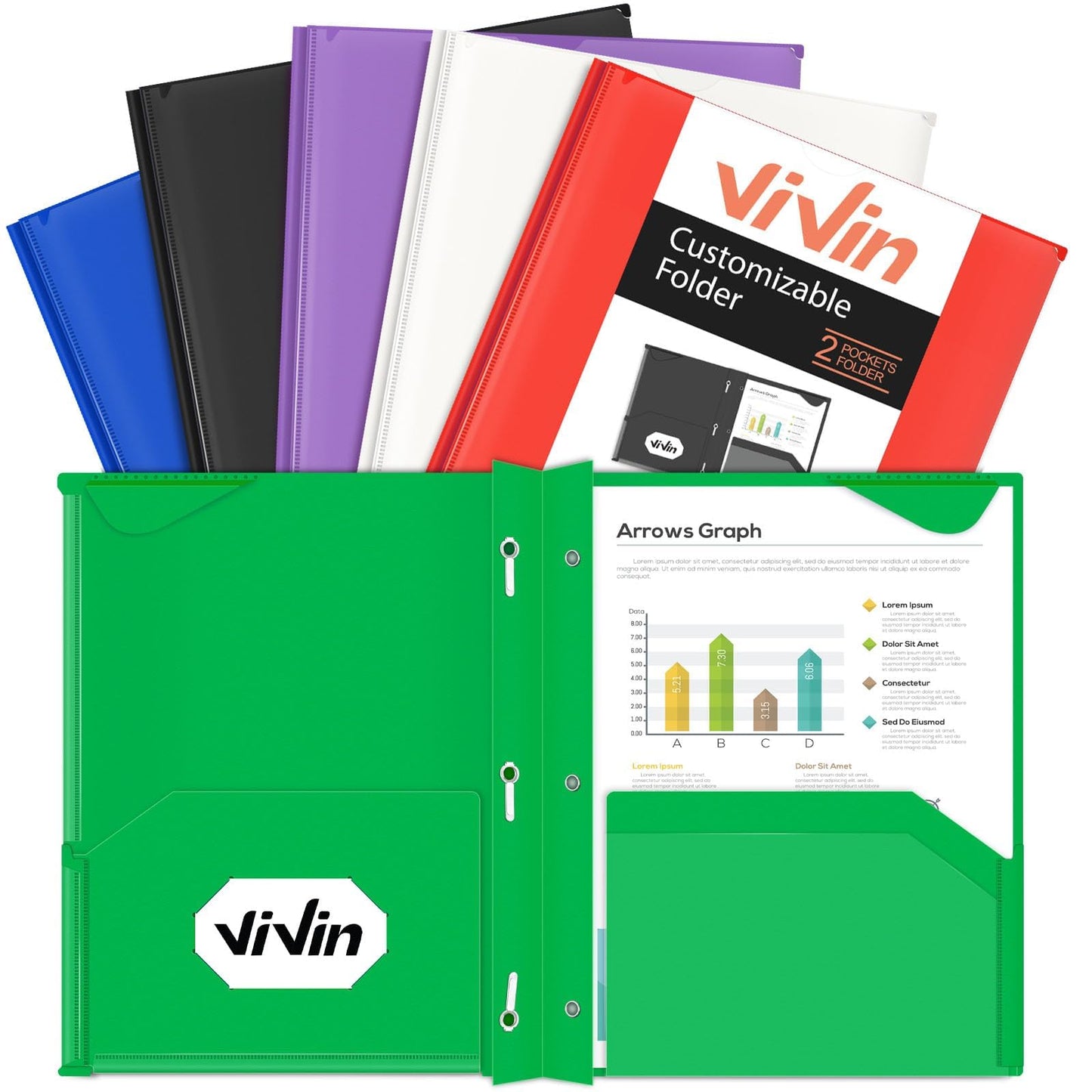 Chemises en plastique épais ViVin avec pochettes et broches, deux poches, poche avant transparente et onglets de maintien, lot de 6, pour papier au format lettre US, pour l'école et le bureau - Blanc