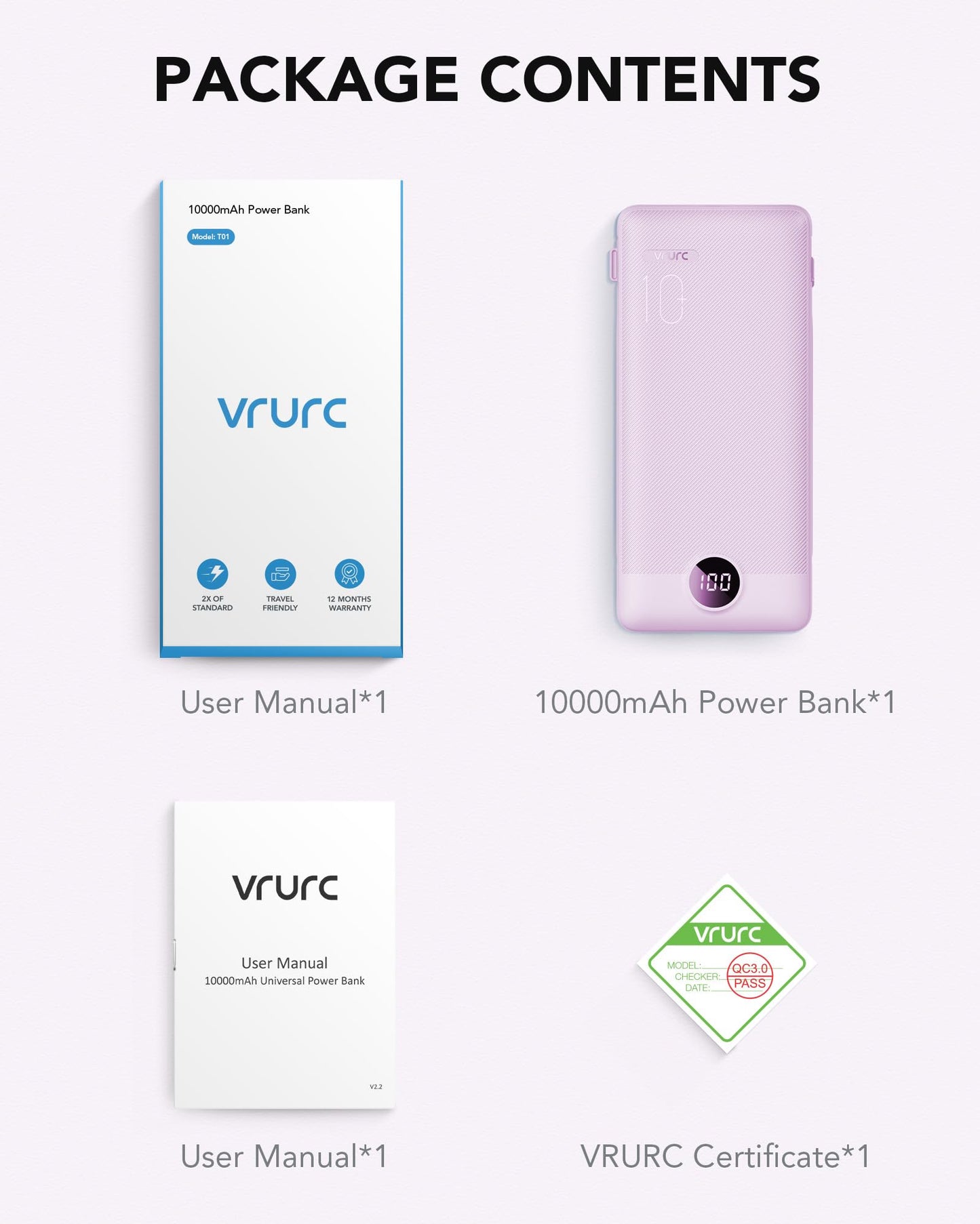 VRURC Portable Charger Built-in Cables and AC Wall Plug, USB C Power Bank 10000mAh, Travel Battery Phone Charger Compact Lightweight External Battery Pack for Smart Phones, Tablets etc-Orange