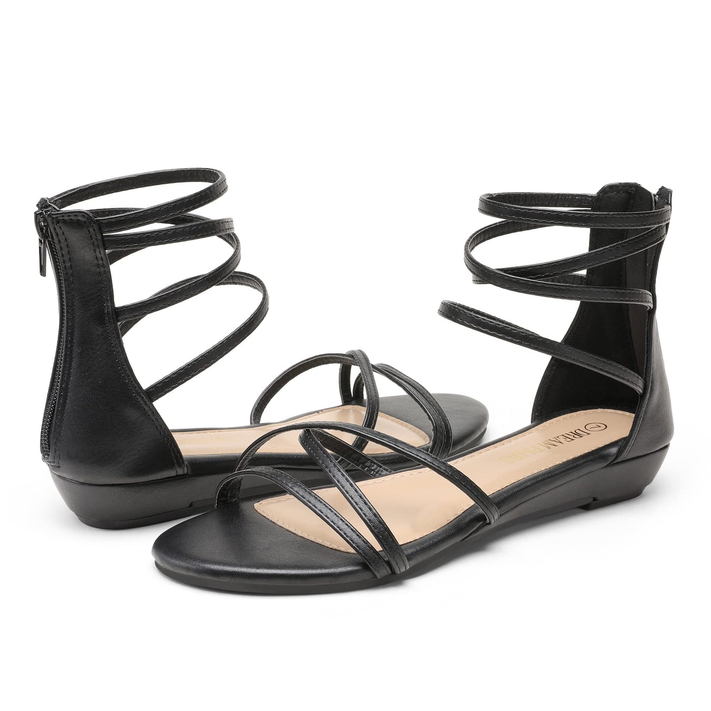 DREAM PAIRS Sandales plates à bride à la cheville pour femmes Sandales d'été habillées à lanières et strass pour gladiateur