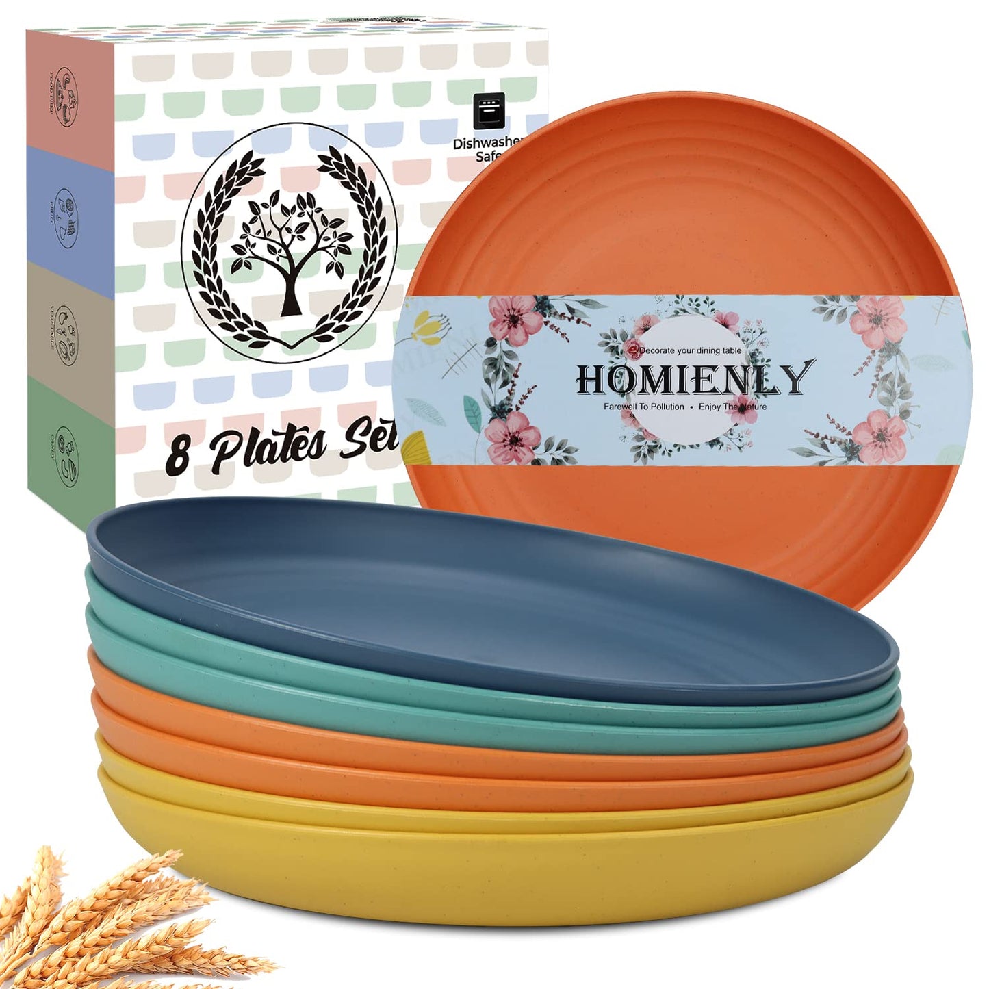 Homienly Tiefe Essteller, 8er-Set, Alternative zu Plastiktellern, mikrowellen- und spülmaschinenfeste Weizenstrohteller für die Küche, unzerbrechliche Kinderteller in 4 Farben (klassisch hell, 9 Zoll)