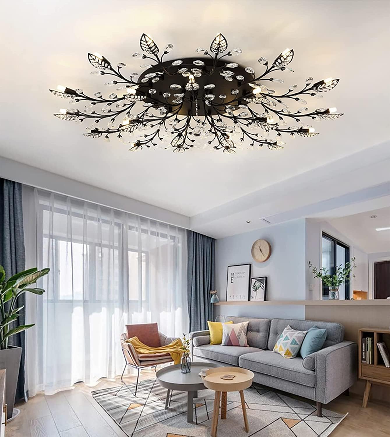 Moderne Deckenleuchte aus Kristall, halbbündiger Kronleuchter, Deckenleuchte aus Kristallblättern, Kronleuchter für Esszimmer, Wohnzimmer, Schlafzimmer (Gold, 12 Lichter)