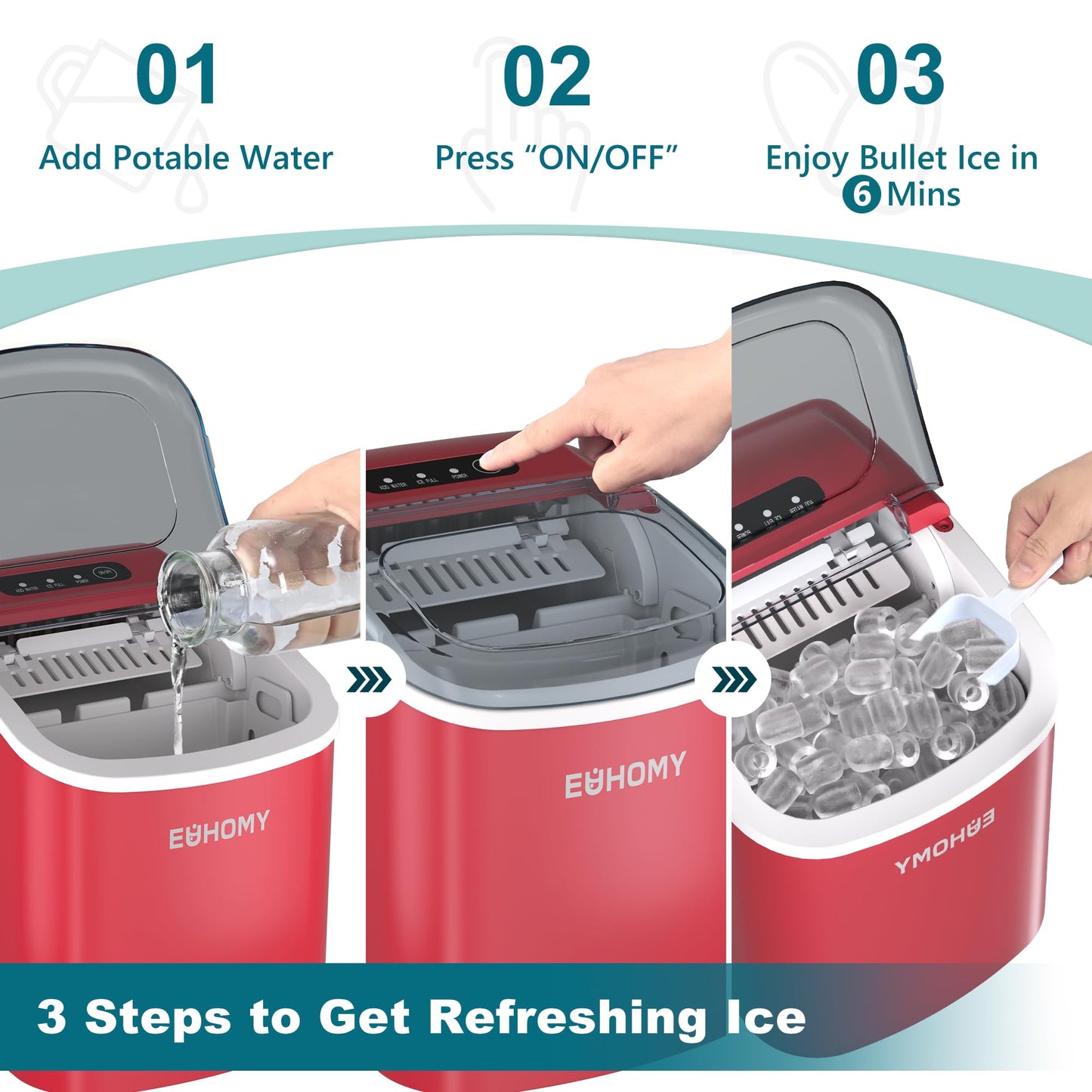 EUHOMY Countertop Ice Maker Machine with Handle, 26lbs in 24Hrs, 9 Ice Cubes Ready in 6 Mins, Auto-Cleaning Portable Ice Maker with Basket and Scoop, for Home/Kitchen/Camping/RV. (Black)