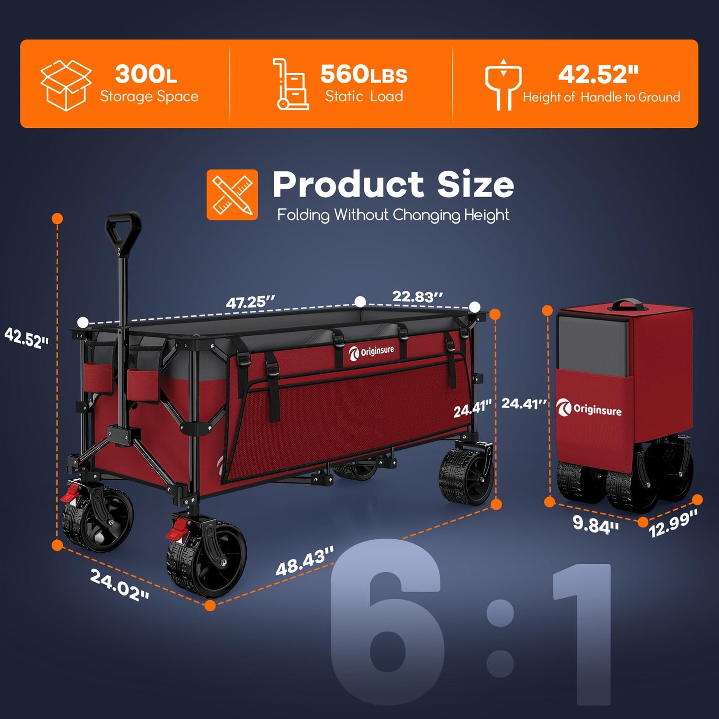 48" L Collapsible Wagon Cart Foldable, 560LB Weight Capacity 300L Heavy Duty Folding Beach Wagons with Big All-Terrain Wheels, Utility Carts for Groceries, Shopping, Camping, Sports - Black