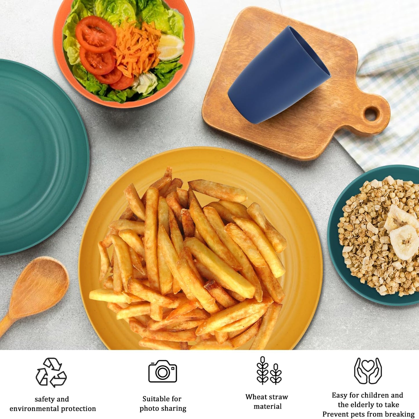 28 Piece Wheat Straw Dinnerware Sets,Dishwasher & Microwave Safe Plates and Bowls Sets - Unbreakable Plastic Dinnerware Sets for 4 Dinner Plates, Cups, Cereal Bowls - Colorful Series