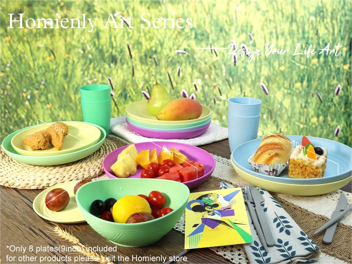 Homienly Tiefe Essteller, 8er-Set, Alternative zu Plastiktellern, mikrowellen- und spülmaschinenfeste Weizenstrohteller für die Küche, unzerbrechliche Kinderteller in 4 Farben (klassisch hell, 9 Zoll)
