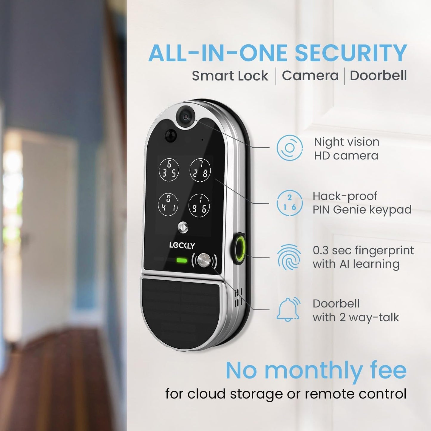 Lockly Vision Elite - Serrure intelligente vidéo WiFi avec caméra de vision nocturne, capteur de mouvement, empreinte digitale biométrique, commande vocale, télécommande par application, sonnette, panneau solaire, clavier numérique, nickel satiné