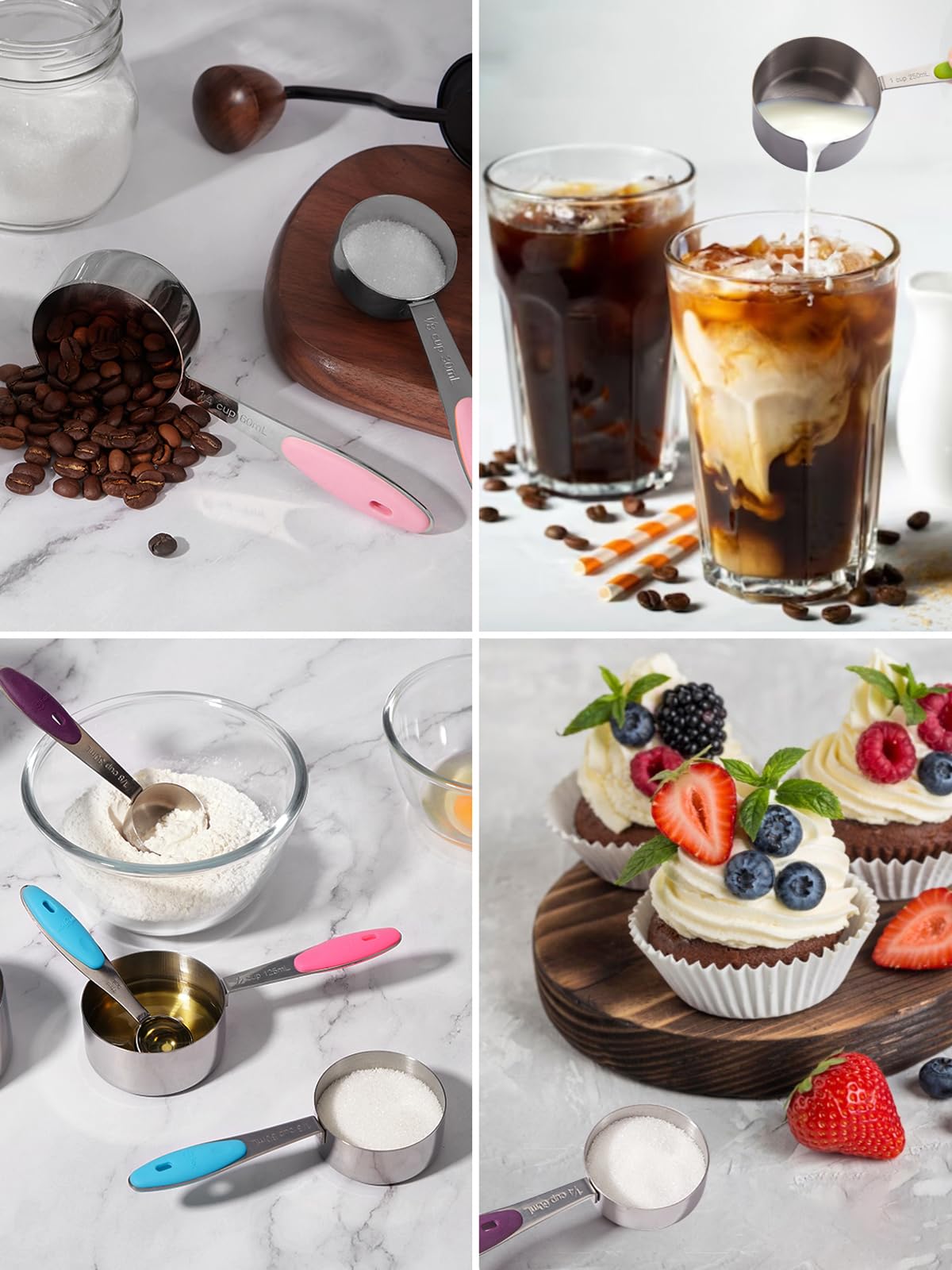 Ensemble de 10 tasses et cuillères à mesurer en acier inoxydable Joyhill, ensemble de tasses à mesurer emboîtables en métal avec poignées en silicone doux au toucher pour ingrédients secs et liquides, cuisine et pâtisserie (noir)