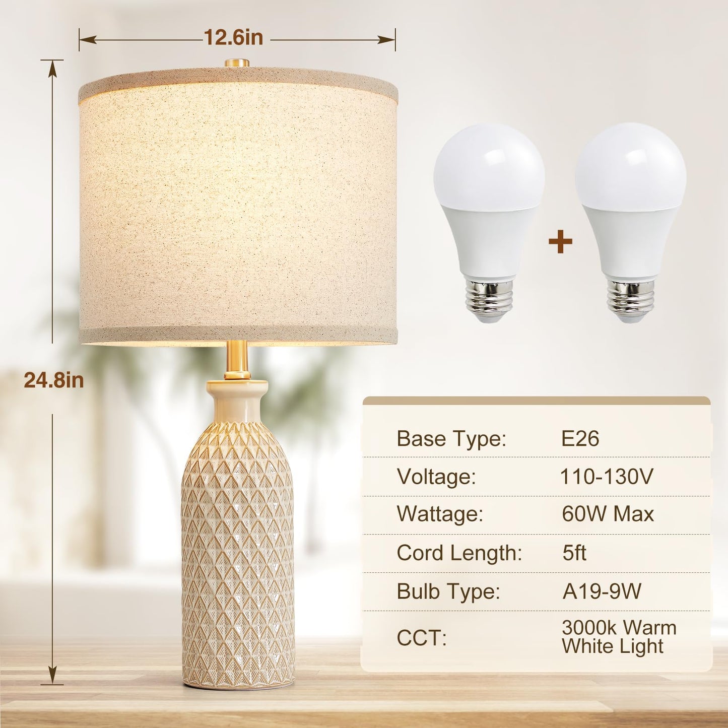 Luvkczc Moderne Keramiklampen für Schlafzimmer, 2er-Set, 3-Farbtemperatur-Tischlampe, Nachttischlampe, Schreibtisch-Leselampe mit Stoffschirm in Trommelform für Schlafzimmer, Wohnzimmer, 2 Glühbirnen enthalten (21,4 Zoll)