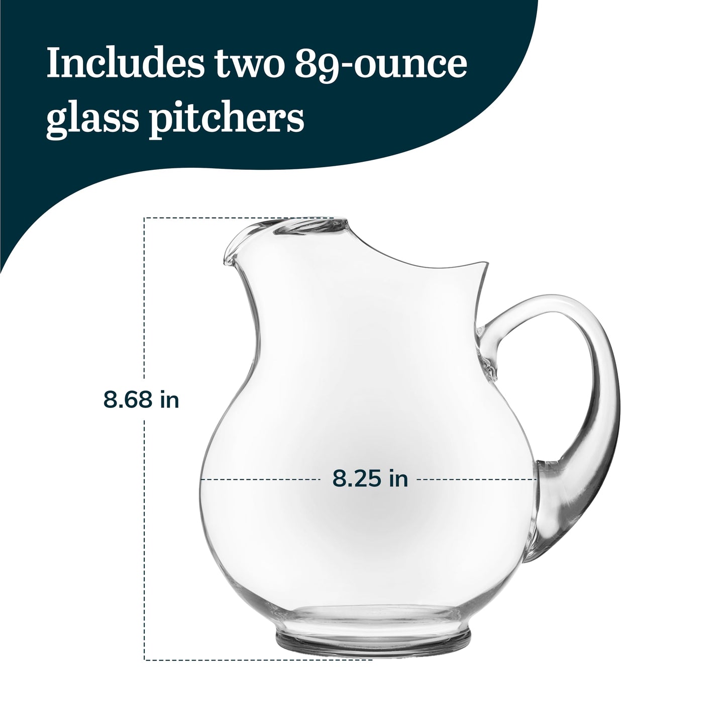 Libbey Acapulco Large Glass Pitcher Set of 2, 89 Oz, Clear, Tall Bubble Glass Pitchers with Handle, Modern Pitcher Set for Iced Tea, Punch, and More