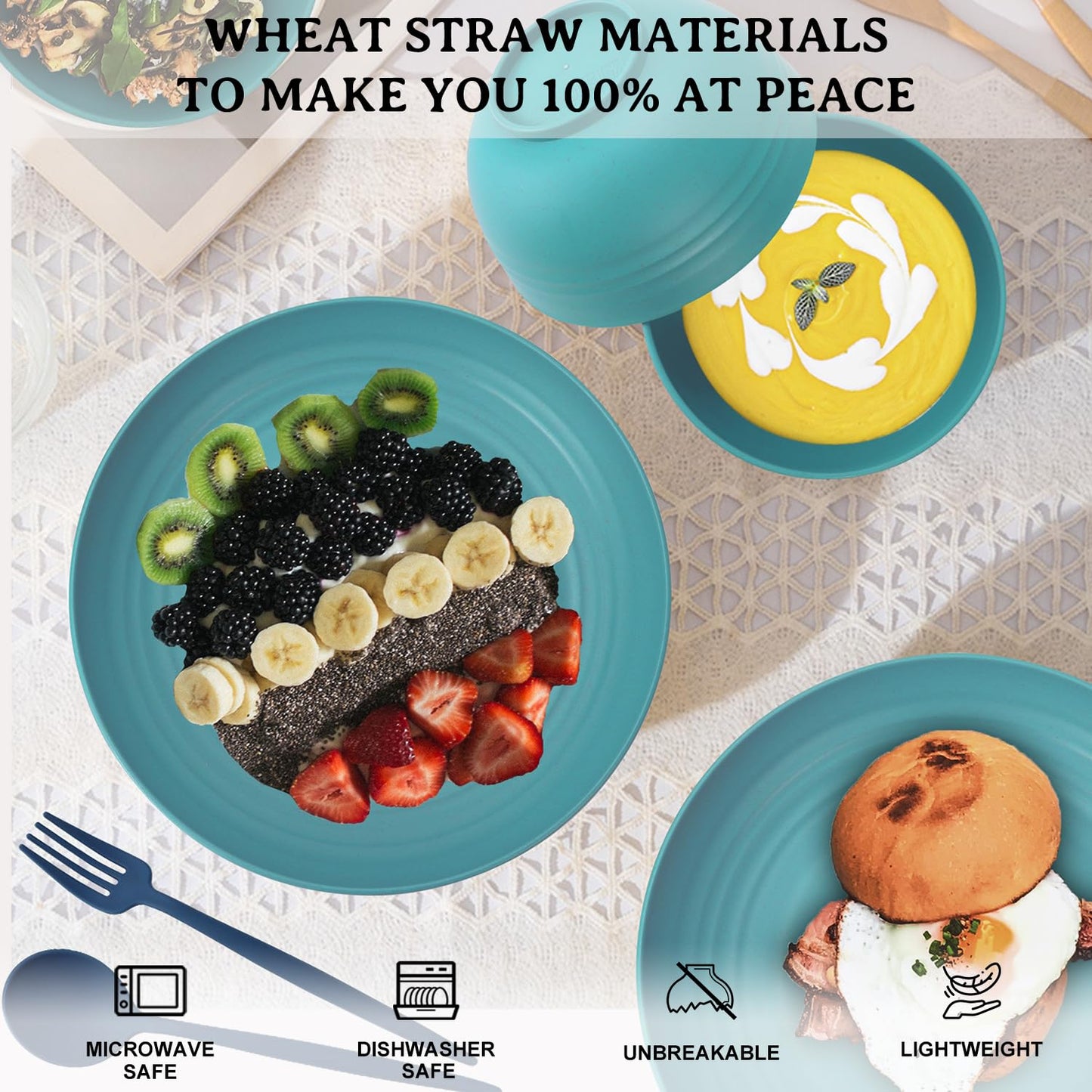 28 Piece Wheat Straw Dinnerware Sets,Dishwasher & Microwave Safe Plates and Bowls Sets - Unbreakable Plastic Dinnerware Sets for 4 Dinner Plates, Cups, Cereal Bowls - Colorful Series