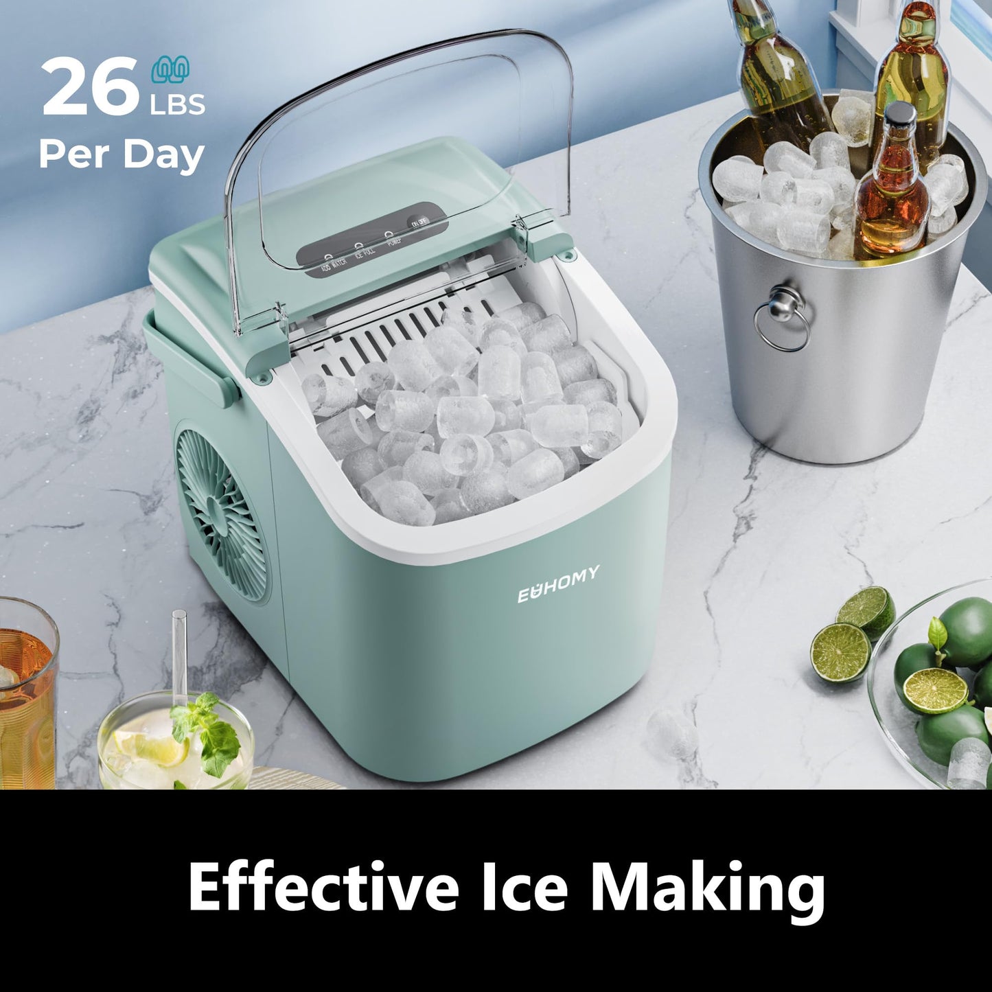 EUHOMY Countertop Ice Maker Machine with Handle, 26lbs in 24Hrs, 9 Ice Cubes Ready in 6 Mins, Auto-Cleaning Portable Ice Maker with Basket and Scoop, for Home/Kitchen/Camping/RV. (Black)