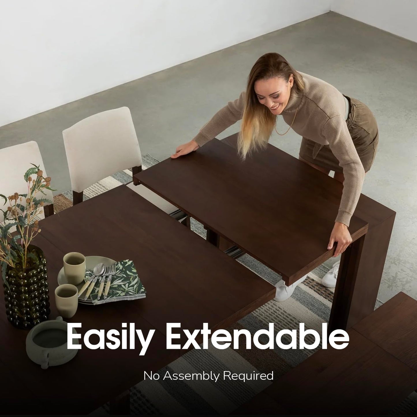 Transformer Table Esstisch-Set für 4 bis 12, ausziehbarer Esstisch aus Holz mit ausziehbarer Bank, Möbel für kleine Räume, Küchentisch-Set (Dunkelgrau, Tisch + Bank)
